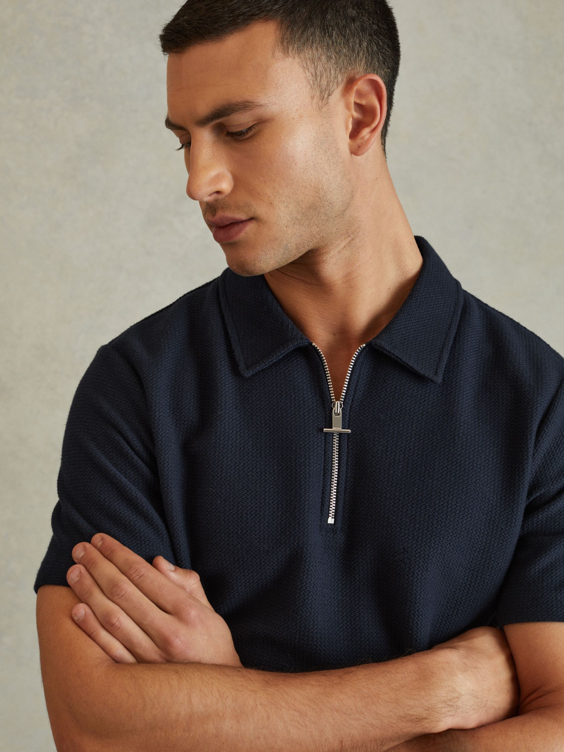 Textured Cotton Half-Zip Polo Shirt in Navy - Image 1 of 5