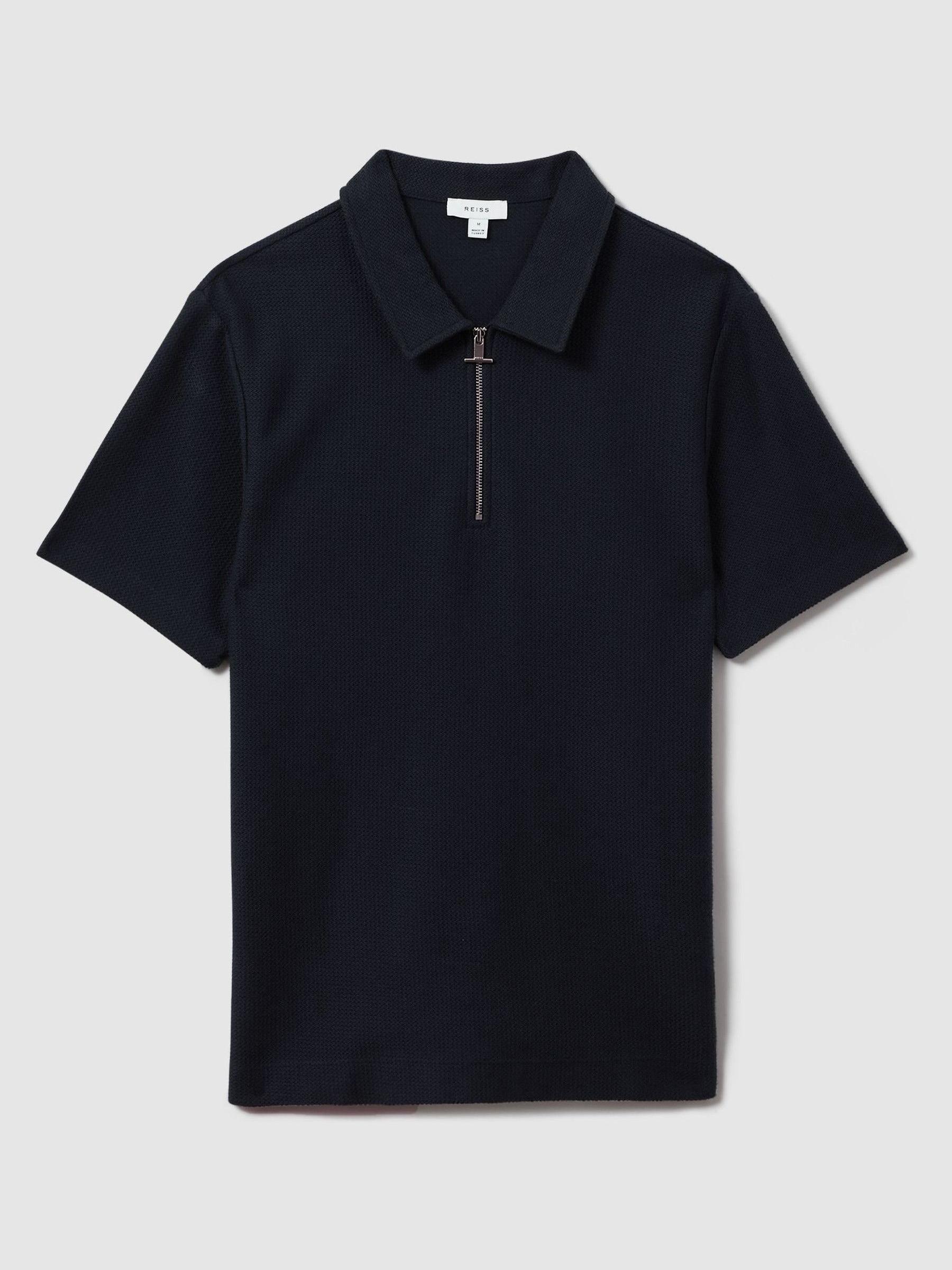Textured Cotton Half-Zip Polo Shirt in Navy - Image 2 of 5 Textured Cotton Half-Zip Polo Shirt in Navy - Image 2 of 5