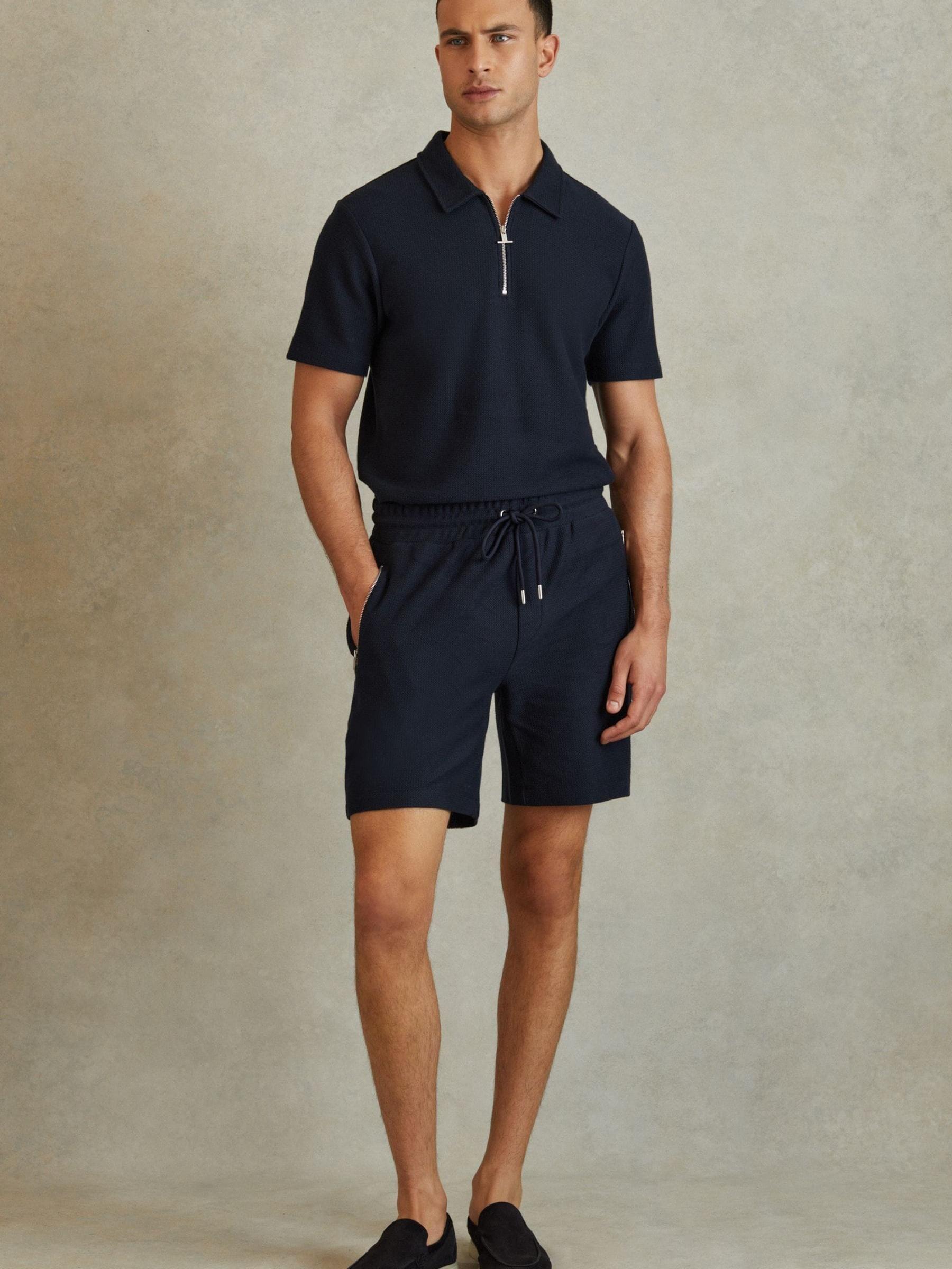 Textured Cotton Half-Zip Polo Shirt in Navy - Image 3 of 5