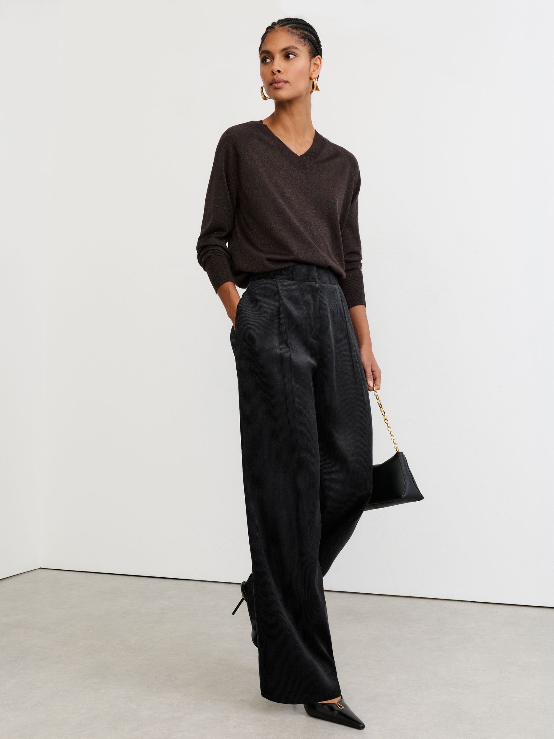 Velvet Corduroy Wide-Leg Trousers in Navy - Image 1 of 7 Velvet Corduroy Wide-Leg Trousers in Navy - Image 1 of 7