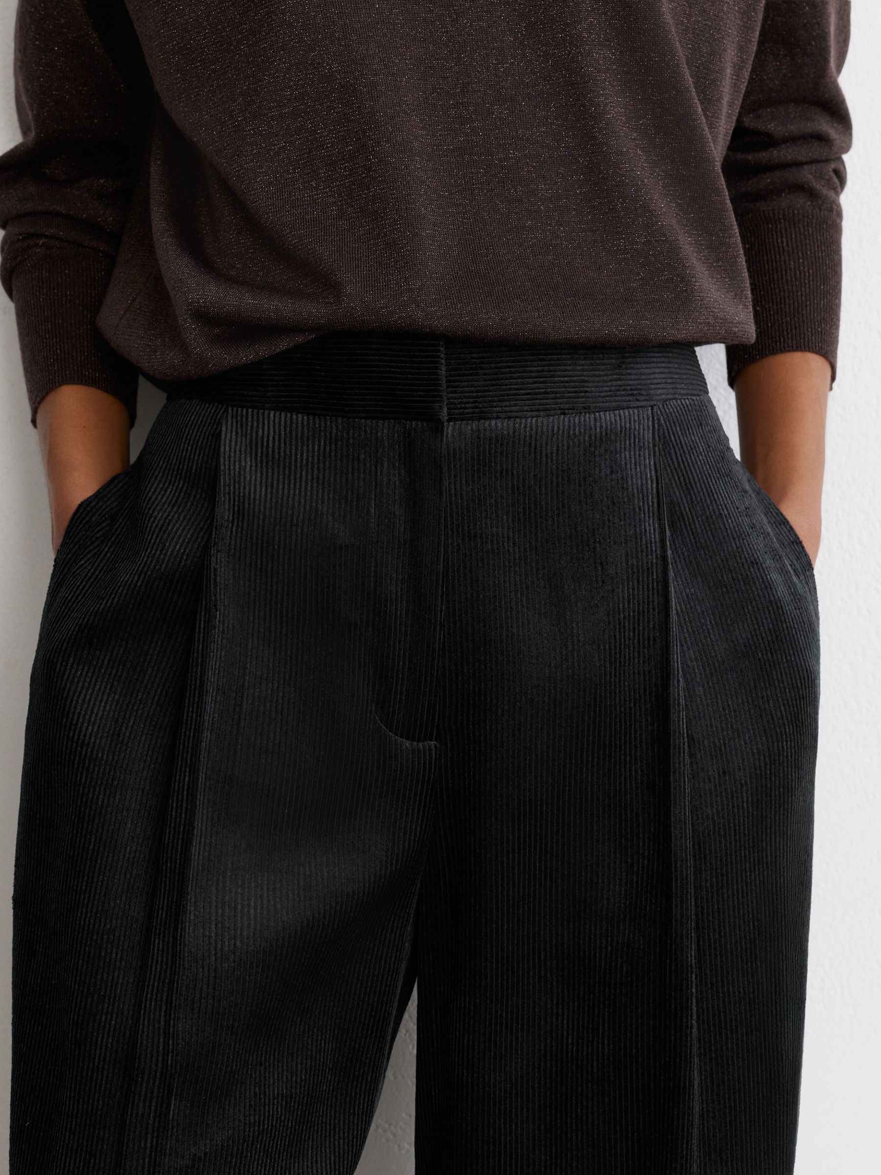 Velvet Corduroy Wide-Leg Trousers in Navy - Image 4 of 7