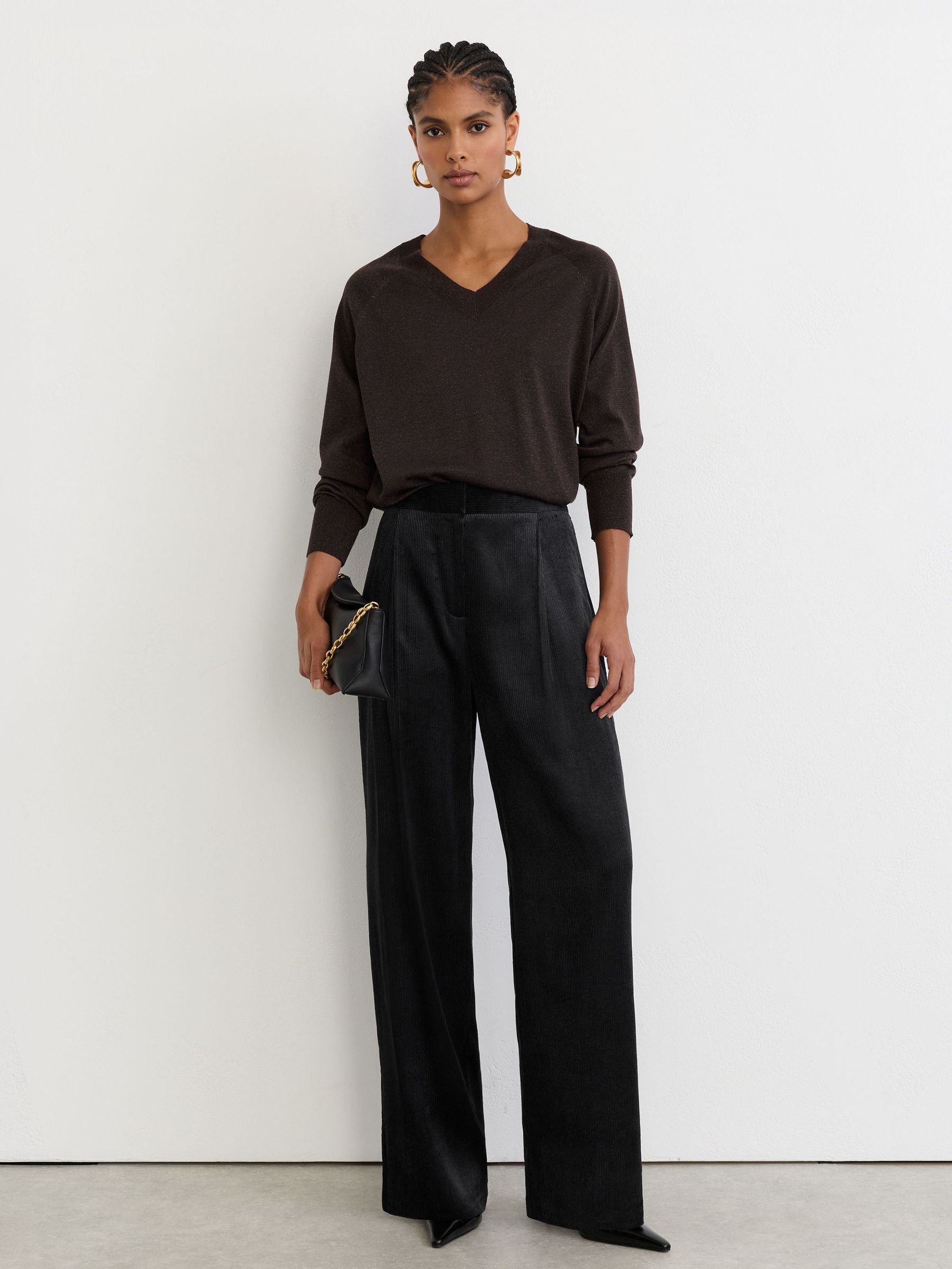 Velvet Corduroy Wide-Leg Trousers in Navy - Image 6 of 7