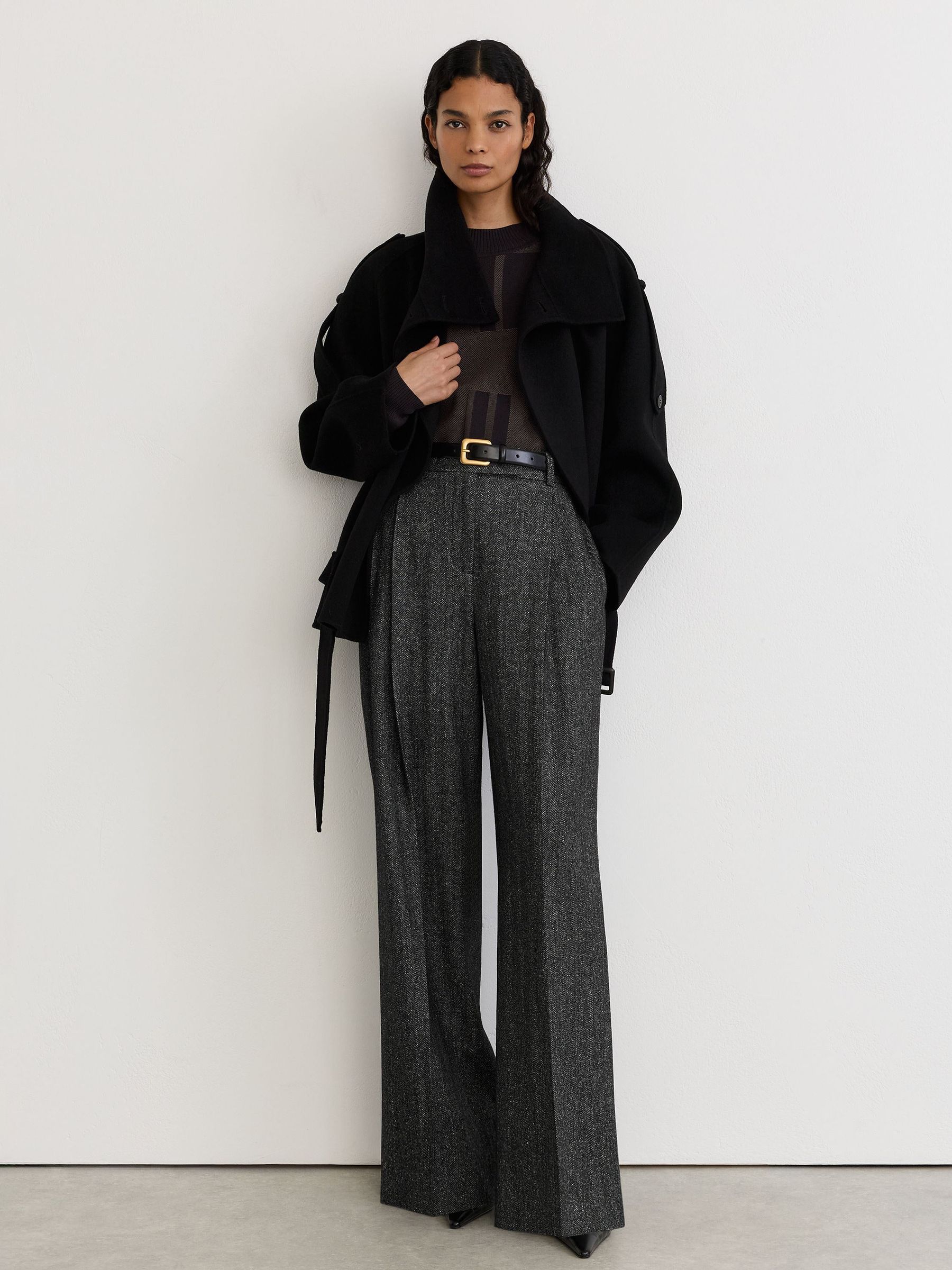 Petite Wool-Silk Herringbone Wide-Leg Trousers in Dark Grey - Image 1 of 9