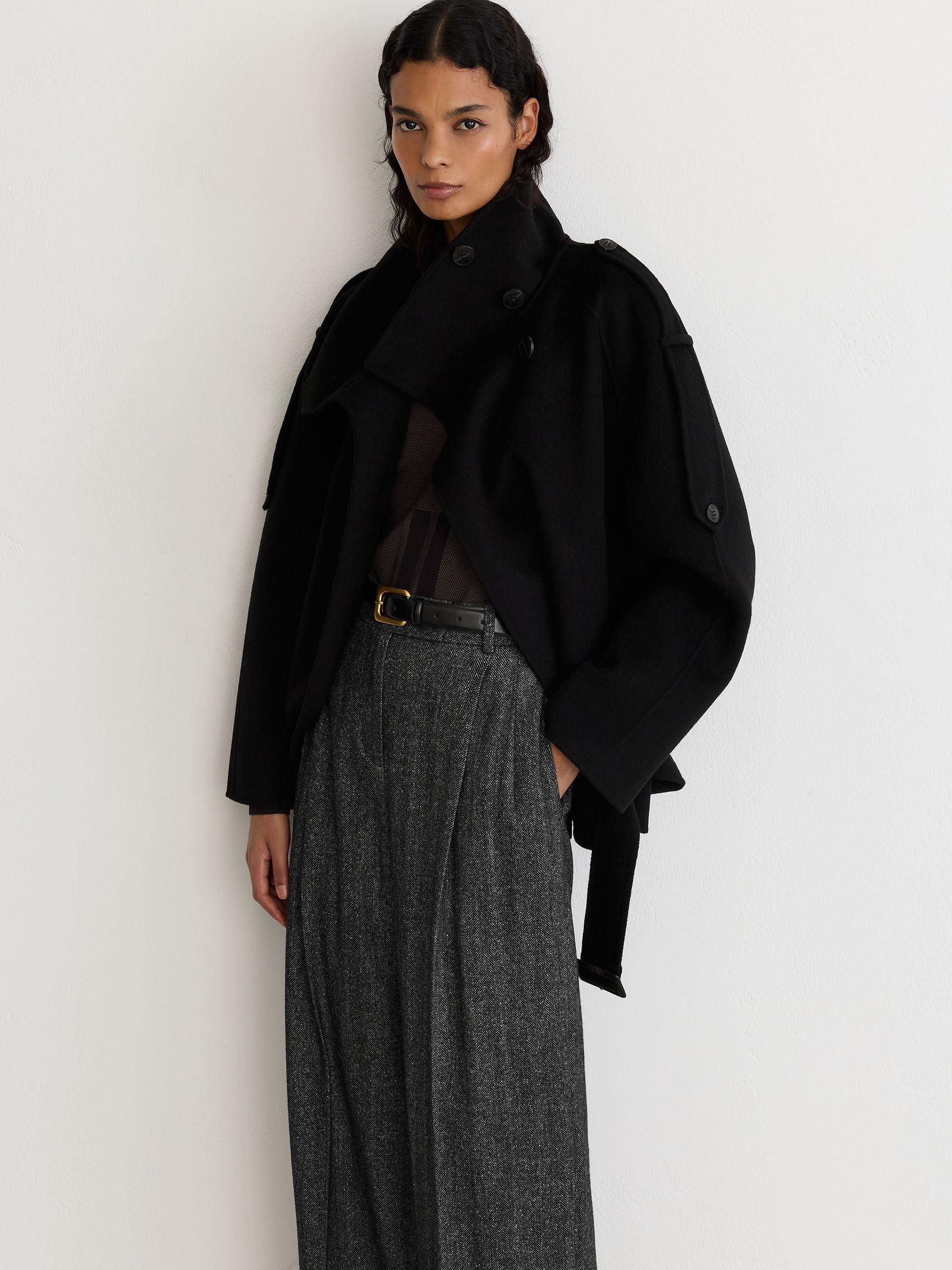 Petite Wool-Silk Herringbone Wide-Leg Trousers in Dark Grey - Image 5 of 9