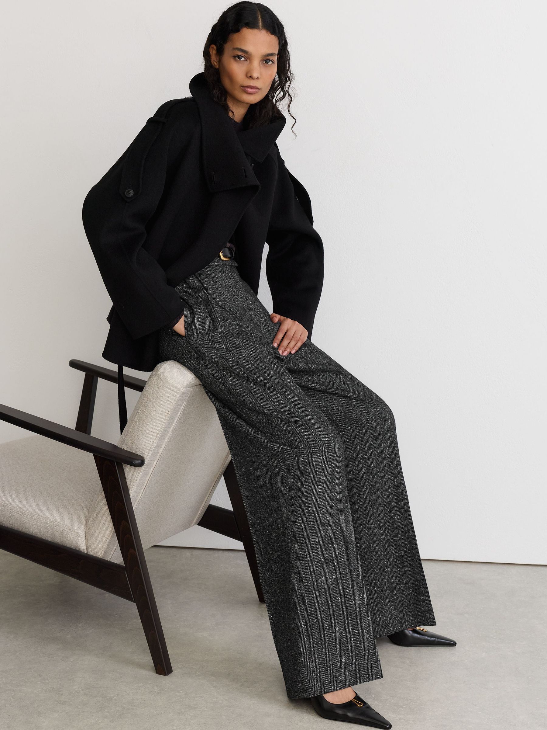 Petite Wool-Silk Herringbone Wide-Leg Trousers in Dark Grey - Image 6 of 9