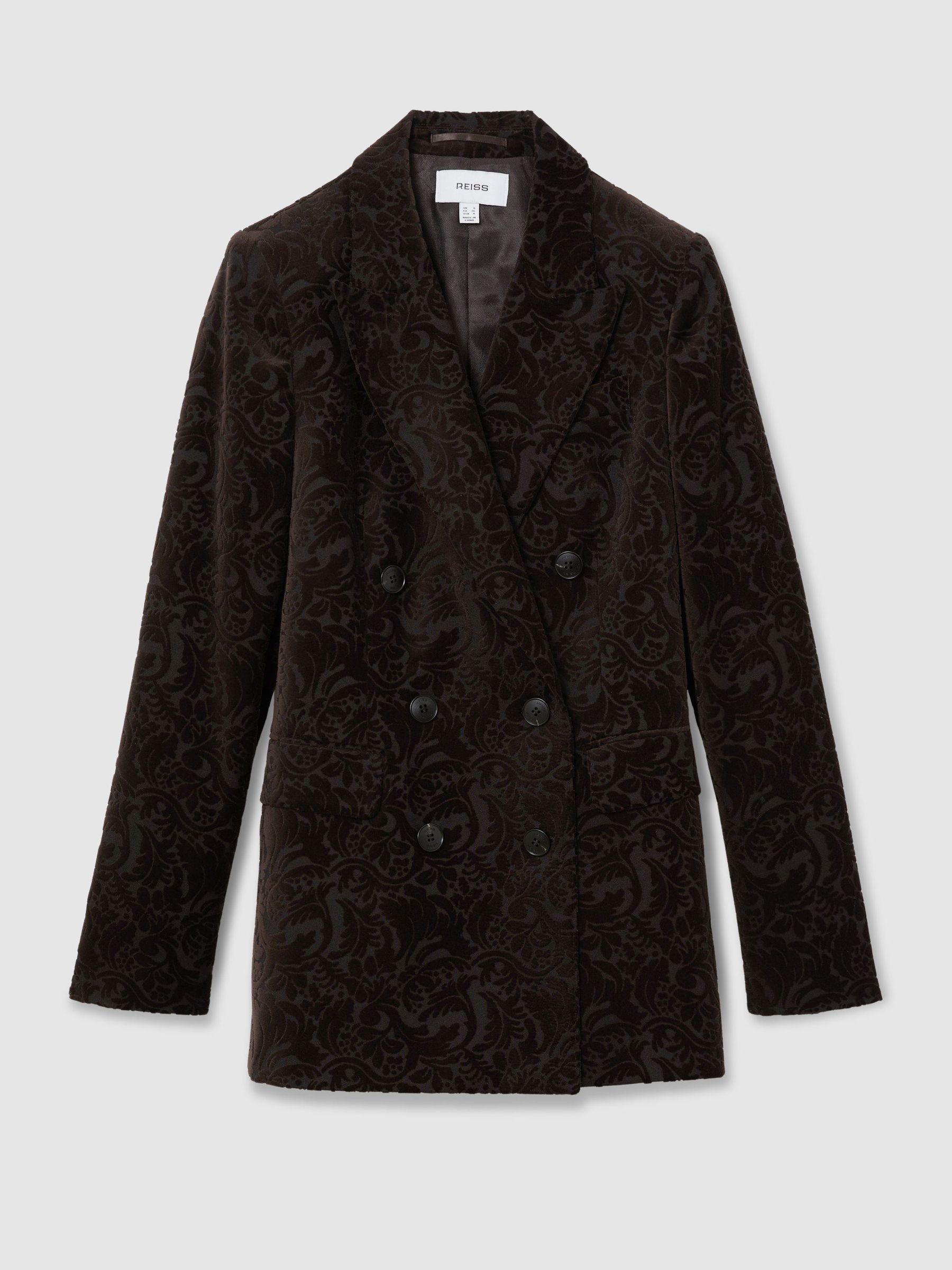 Blazer de costume à double boutonnage en velours floqué petites tailles en marron chocolat - Image 2 de 11