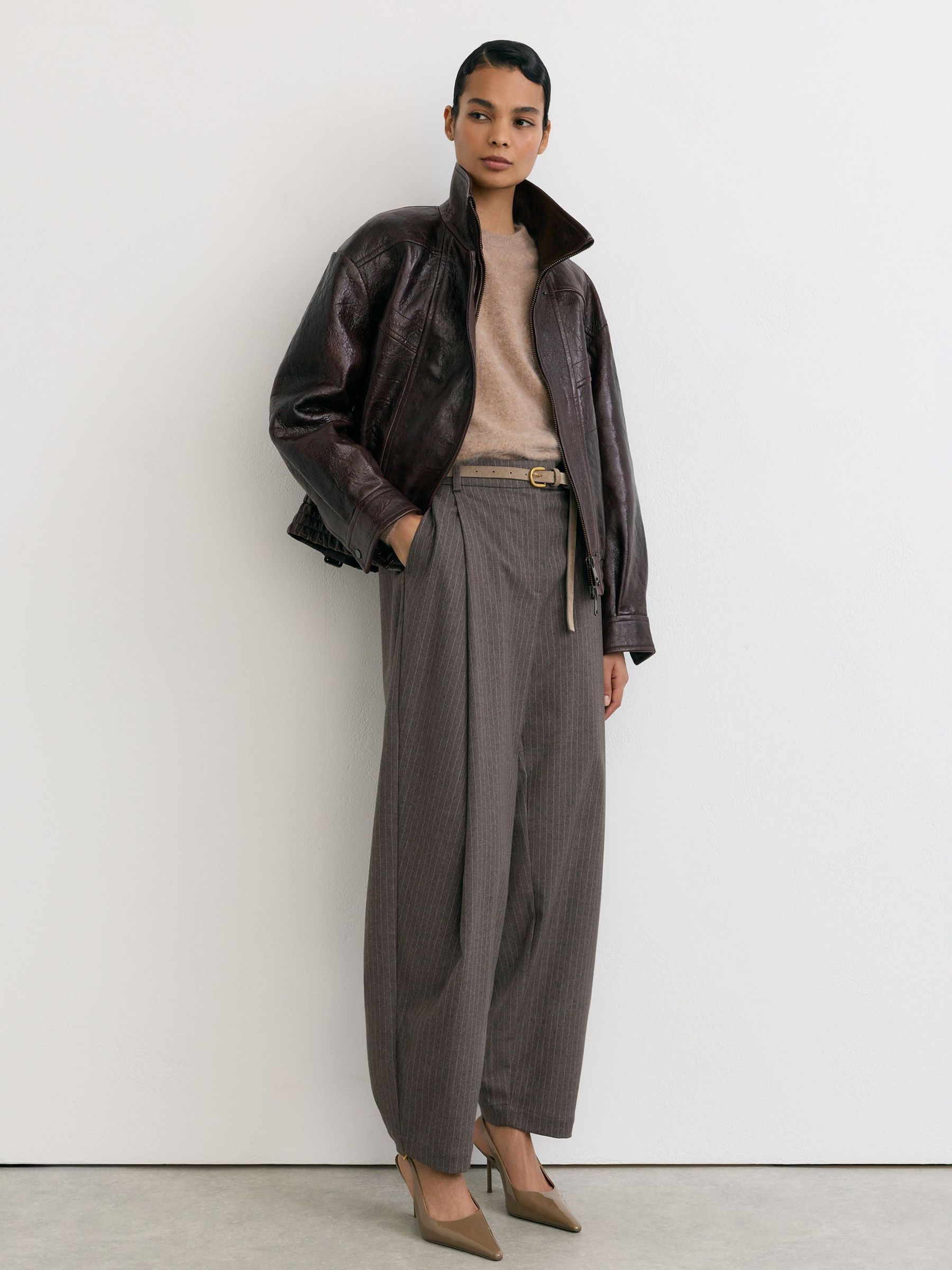 Petite Pinstripe Pleated Barrel-Leg Trousers in Taupe Neutral - Image 1 of 7