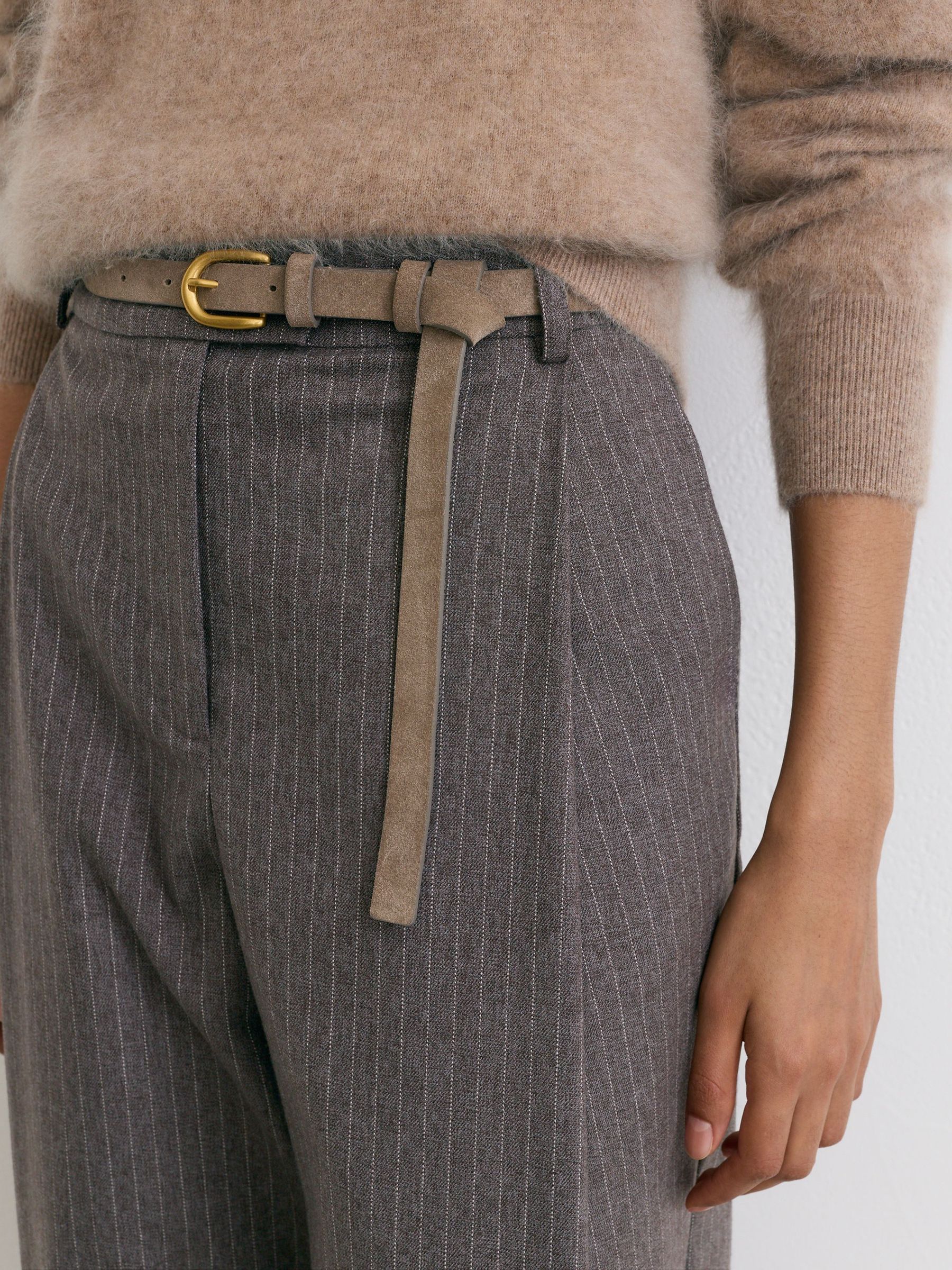 Petite Pinstripe Pleated Barrel-Leg Trousers in Taupe Neutral - Image 4 of 7