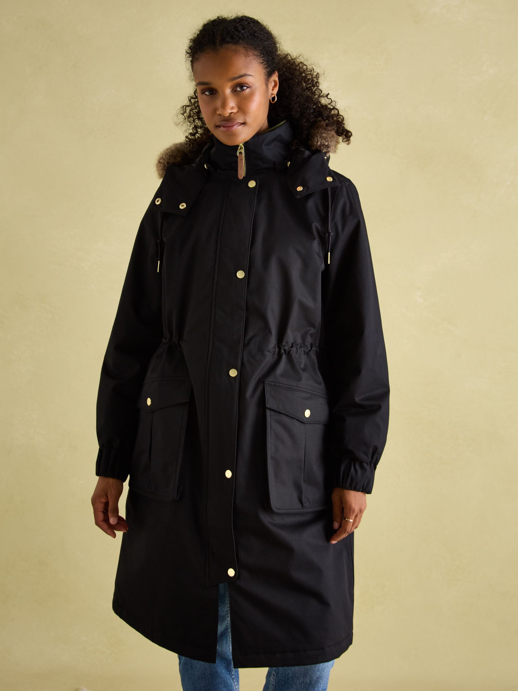 Harpsden Cosy Black Waterproof Fleece Lined Raincoat with Faux Fur Hood - Image 1 of 10