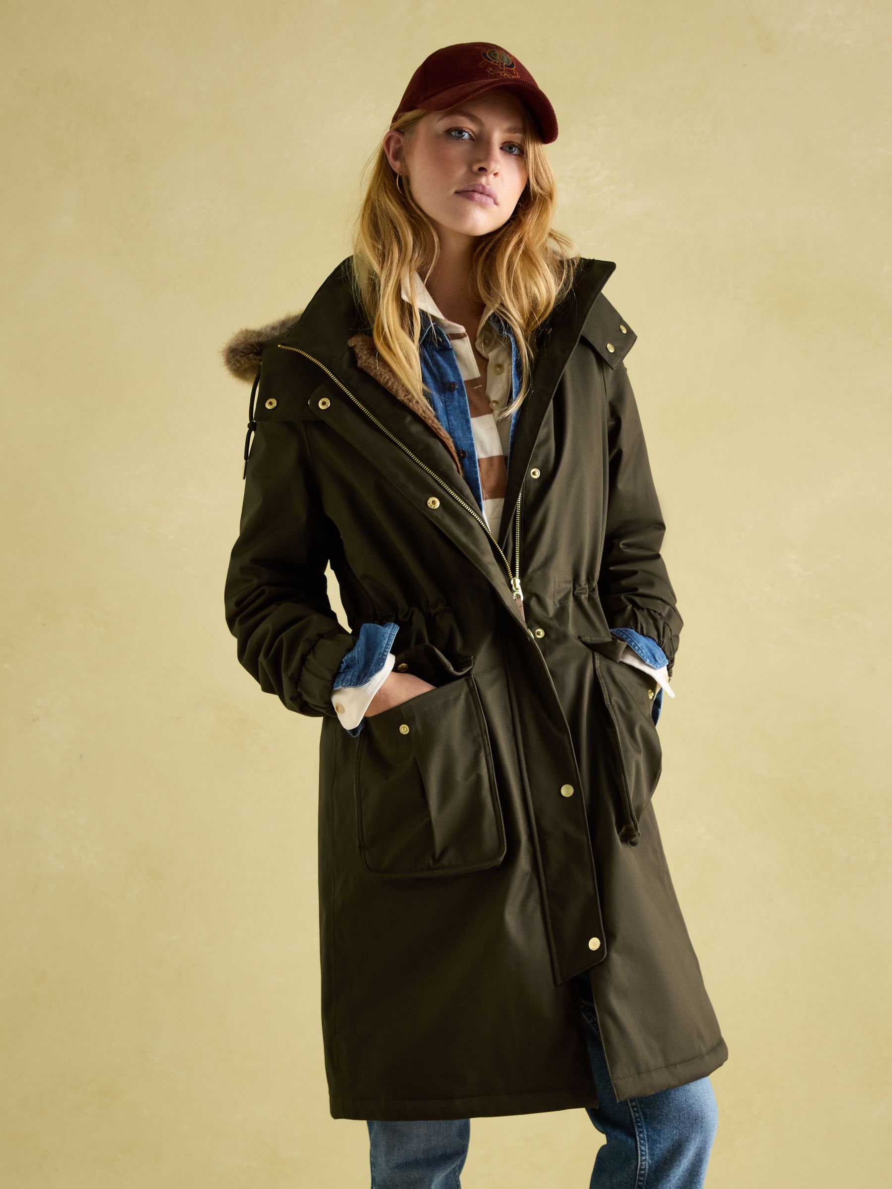 Harpsden Cosy Khaki Green Waterproof Fleece Lined Raincoat with Faux Fur Hood - Image 1 of 10