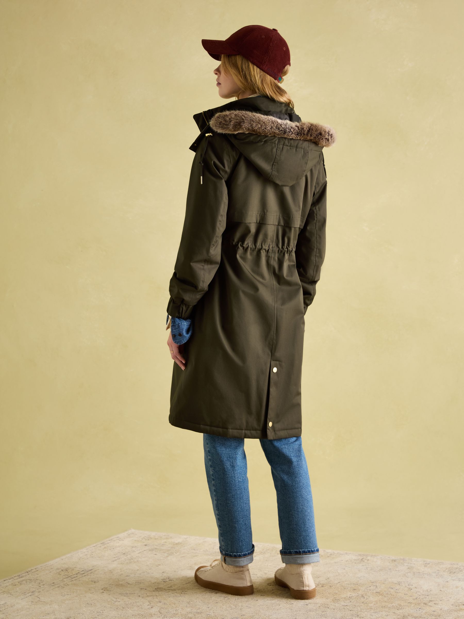 Harpsden Cosy Khaki Green Waterproof Fleece Lined Raincoat with Faux Fur Hood - Image 2 of 10