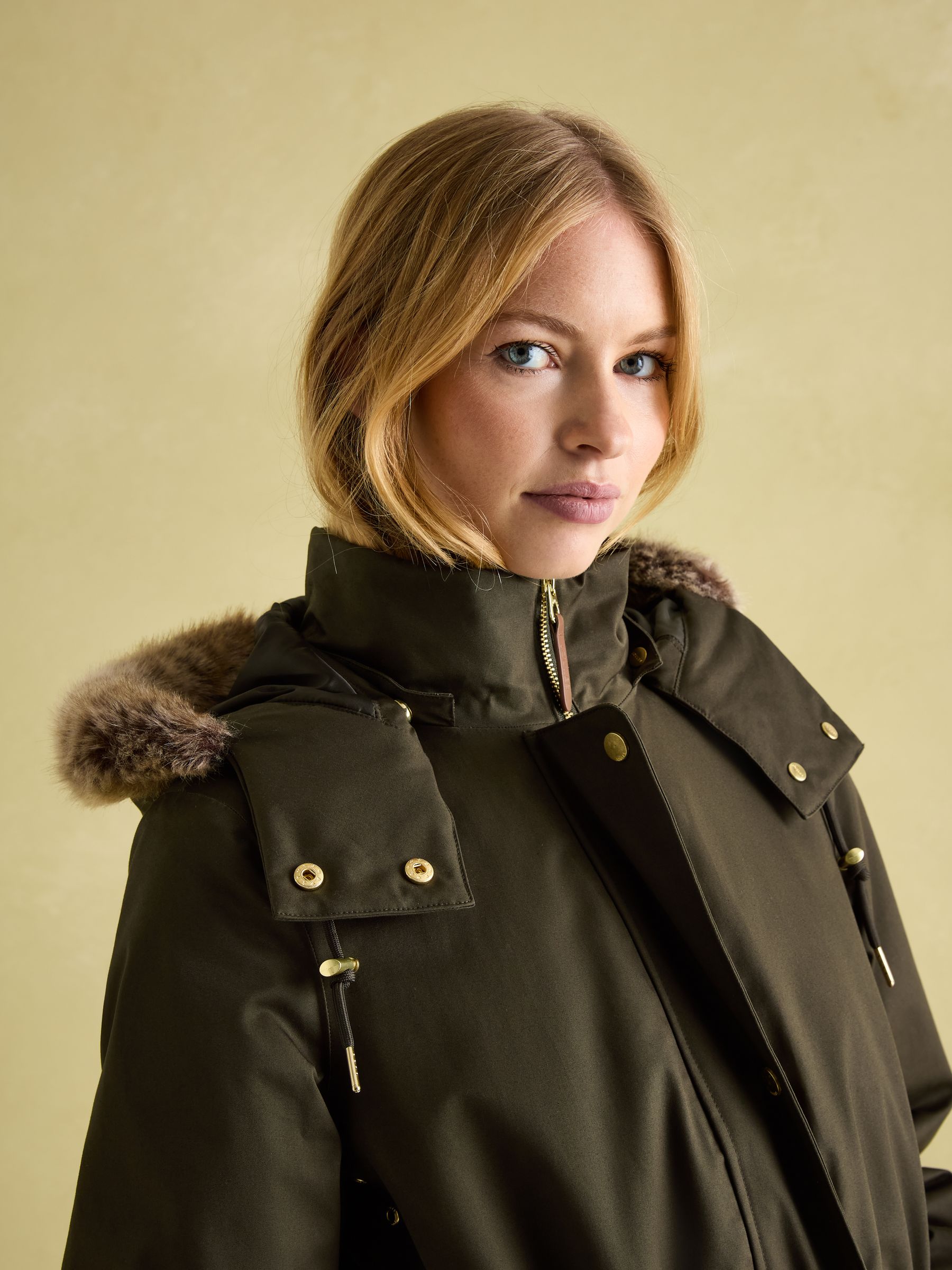 Harpsden Cosy Khaki Green Waterproof Fleece Lined Raincoat with Faux Fur Hood - Image 3 of 10