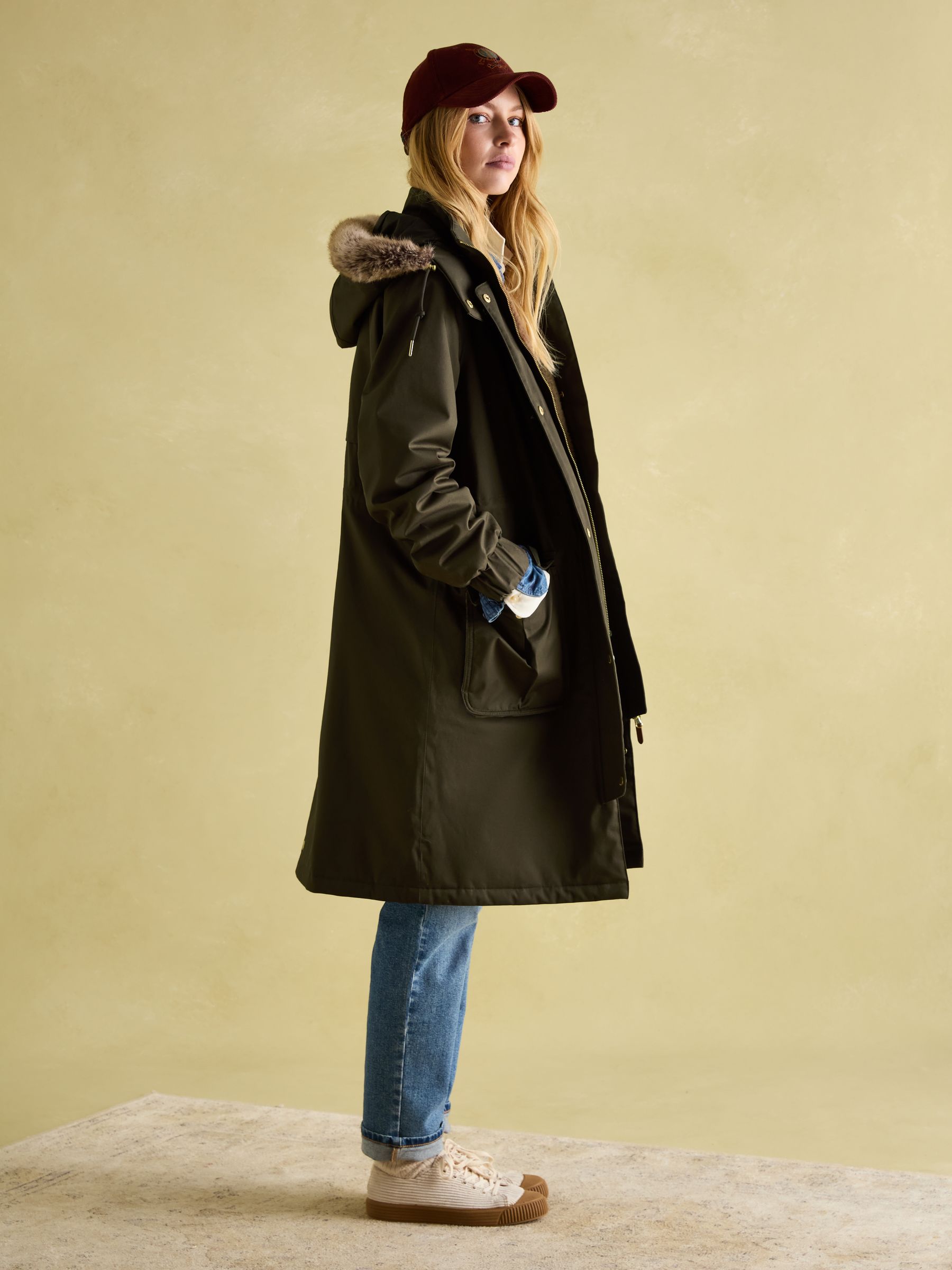 Harpsden Cosy Khaki Green Waterproof Fleece Lined Raincoat with Faux Fur Hood - Image 6 of 10