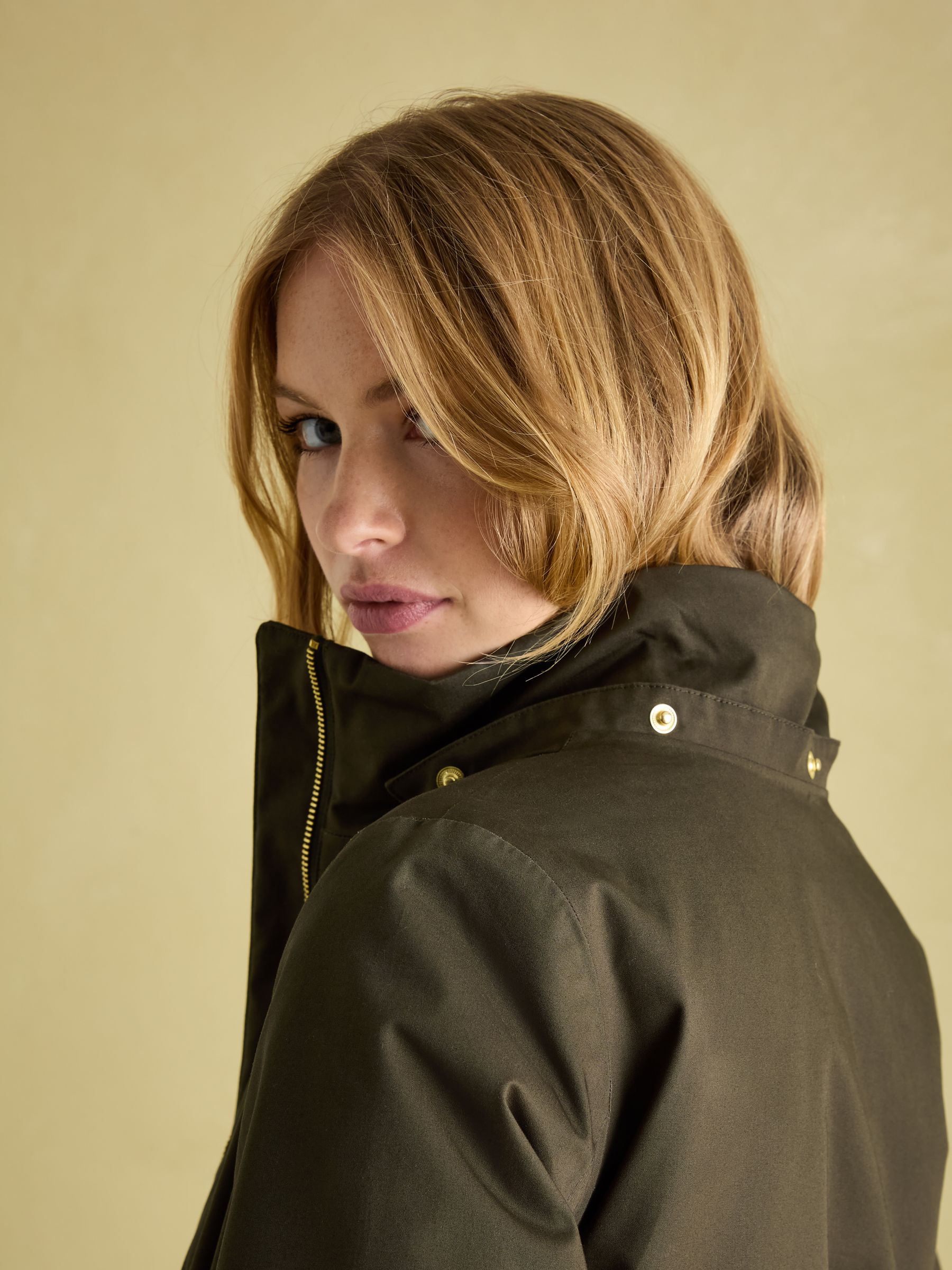 Harpsden Cosy Khaki Green Waterproof Fleece Lined Raincoat with Faux Fur Hood - Image 7 of 10