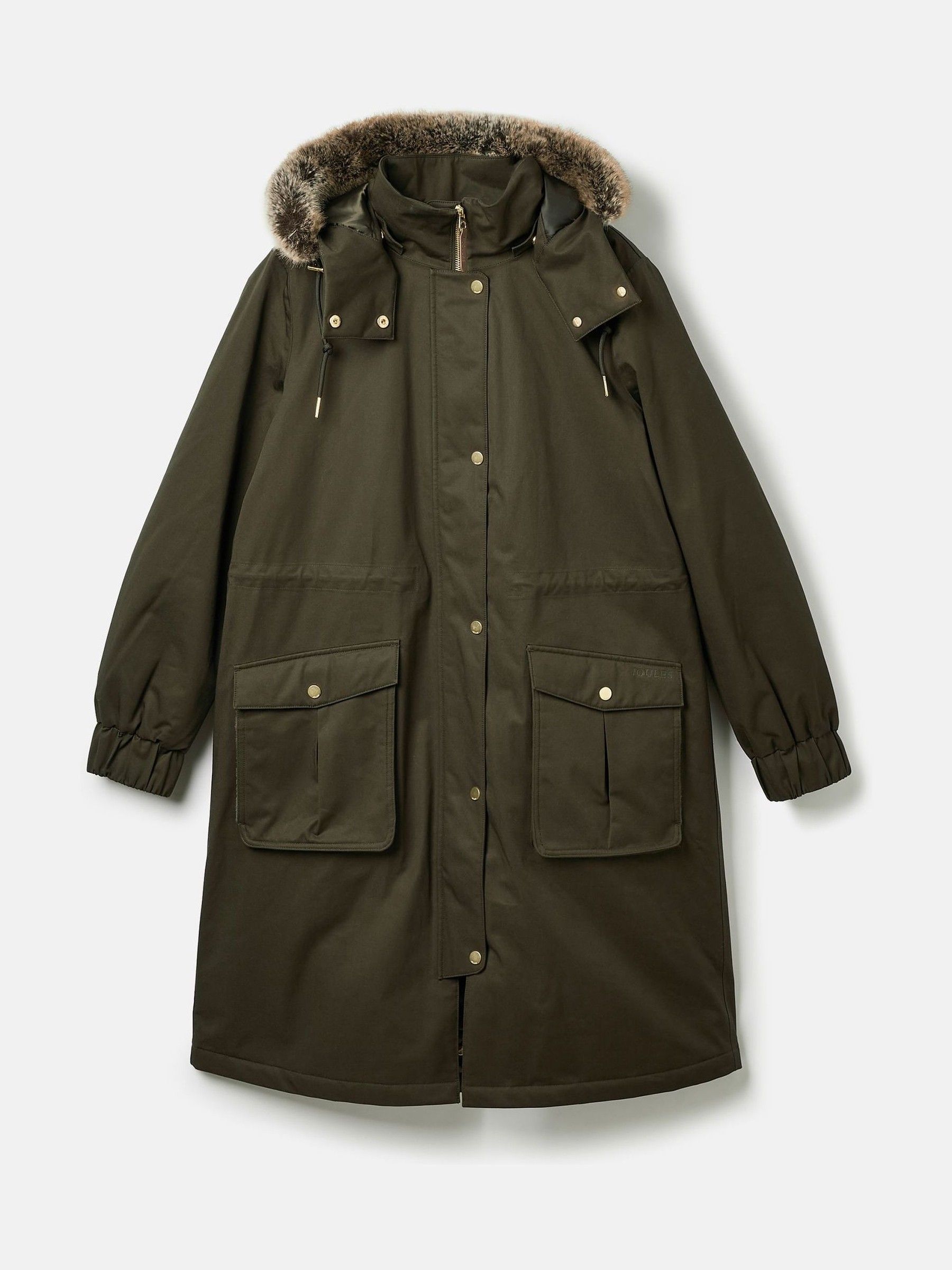 Harpsden Cosy Khaki Green Waterproof Fleece Lined Raincoat with Faux Fur Hood - Image 9 of 10