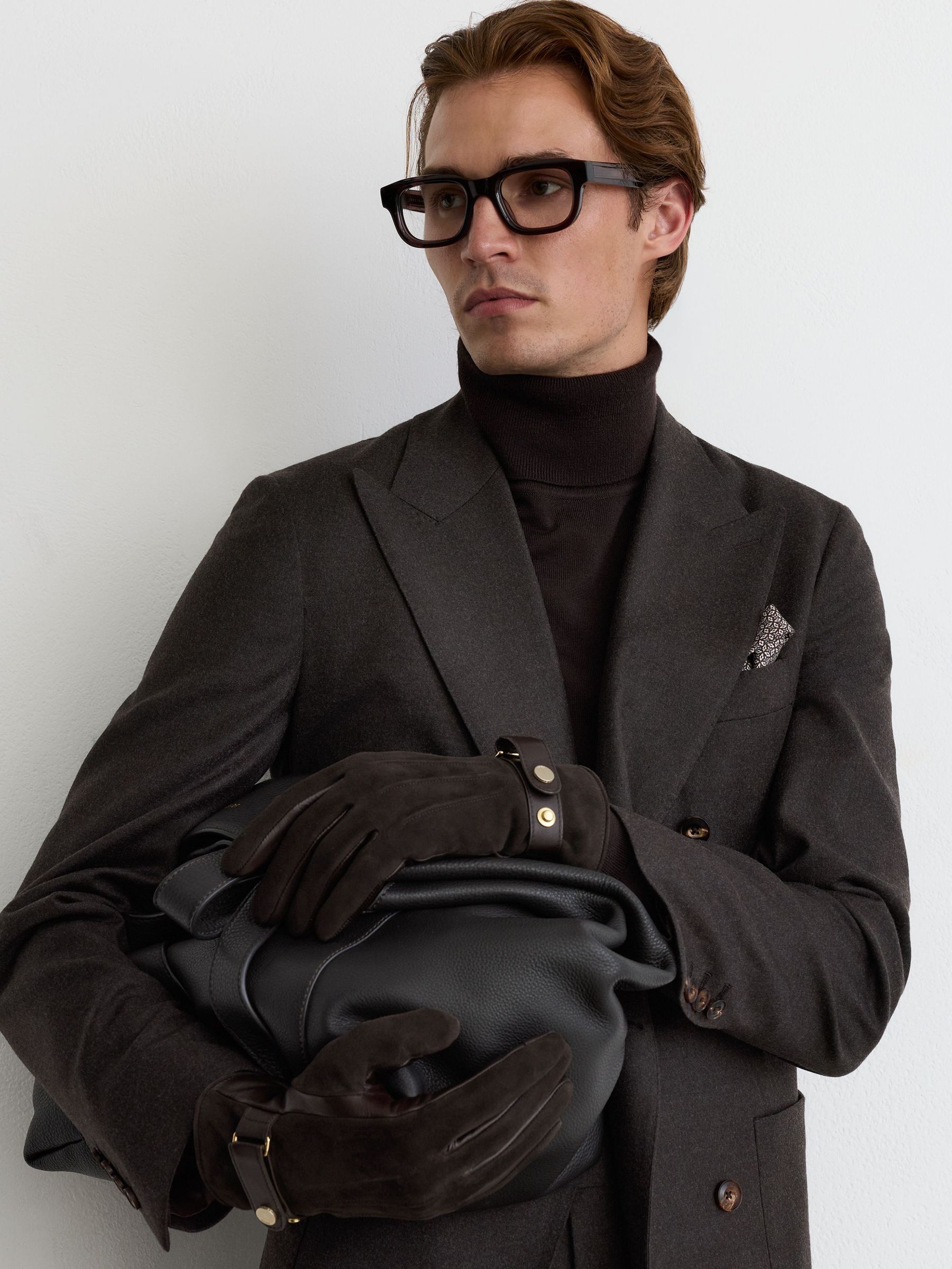 Suede and Leather Driving Gloves in Chocolate Brown - Image 1 of 4
