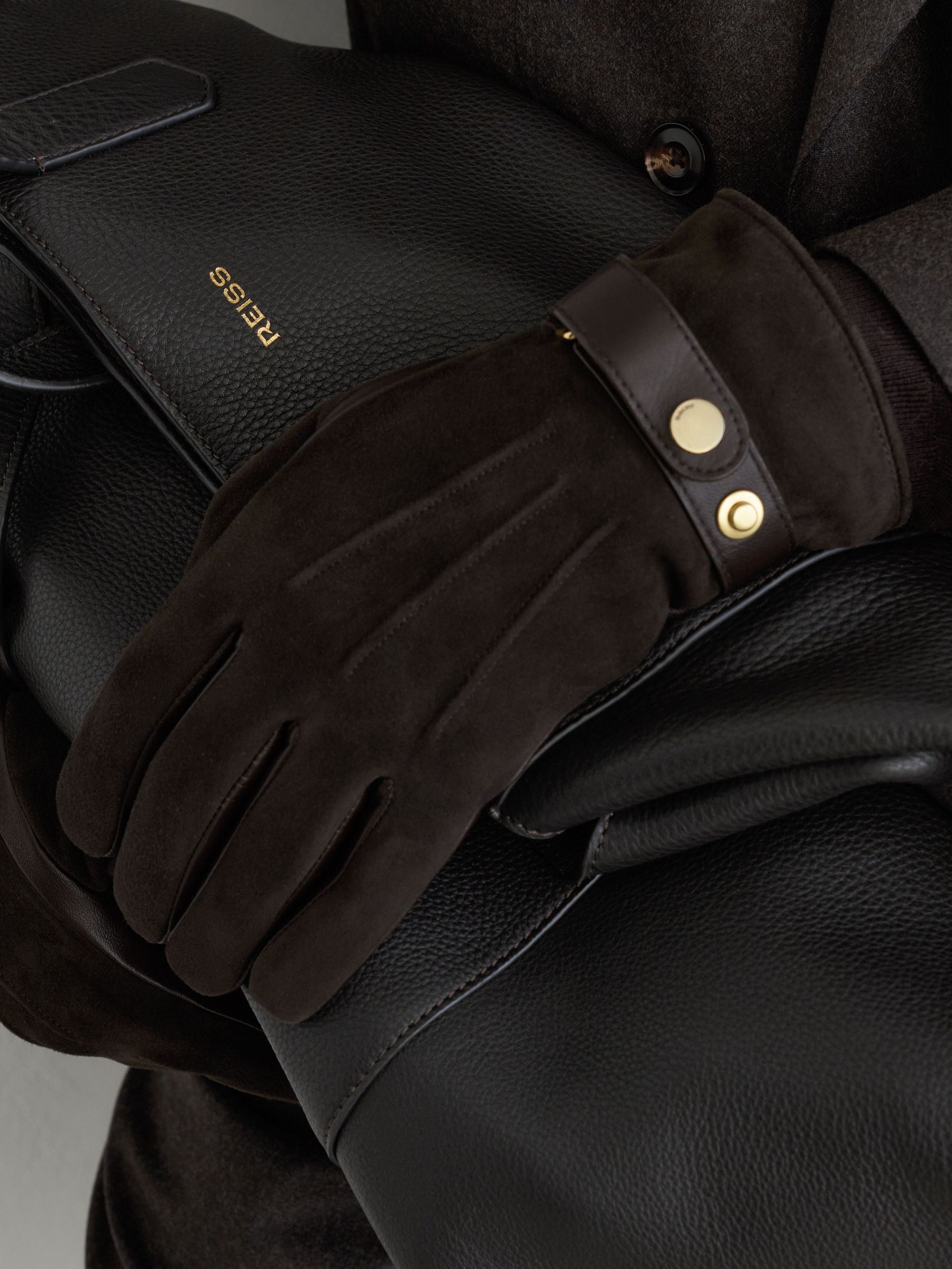 Suede and Leather Driving Gloves in Chocolate Brown - Image 3 of 4