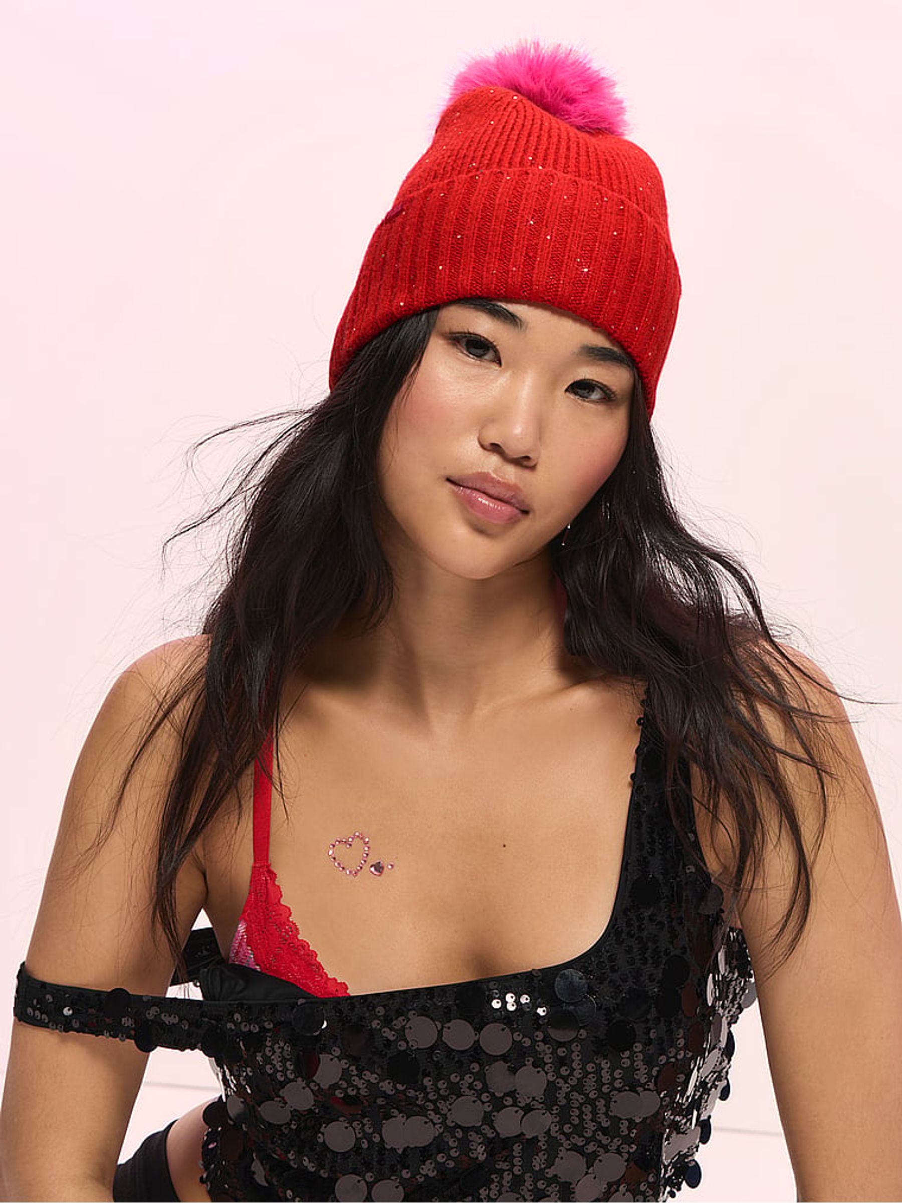 Bright Vermillion Red Sequin Pom Beanie - Image 1 of 3