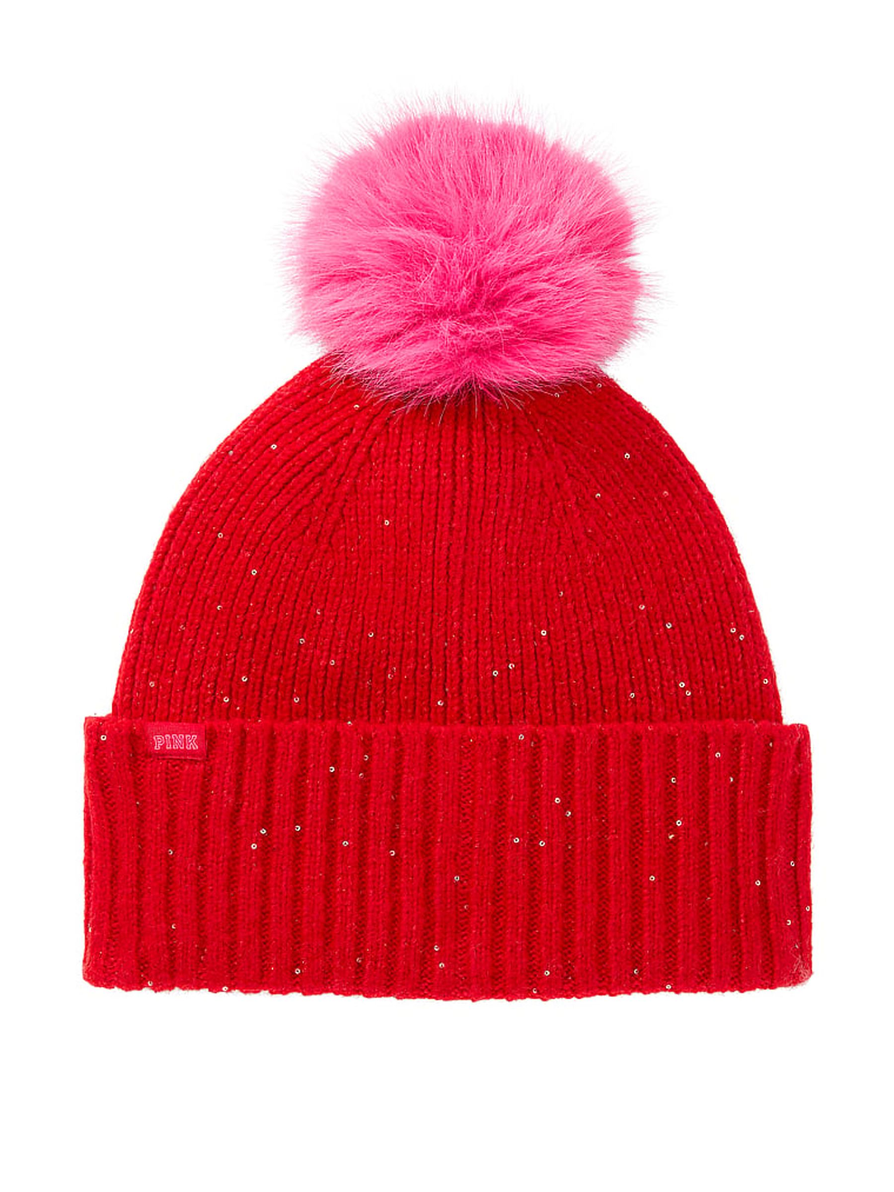 Bright Vermillion Red Sequin Pom Beanie - Image 2 of 3