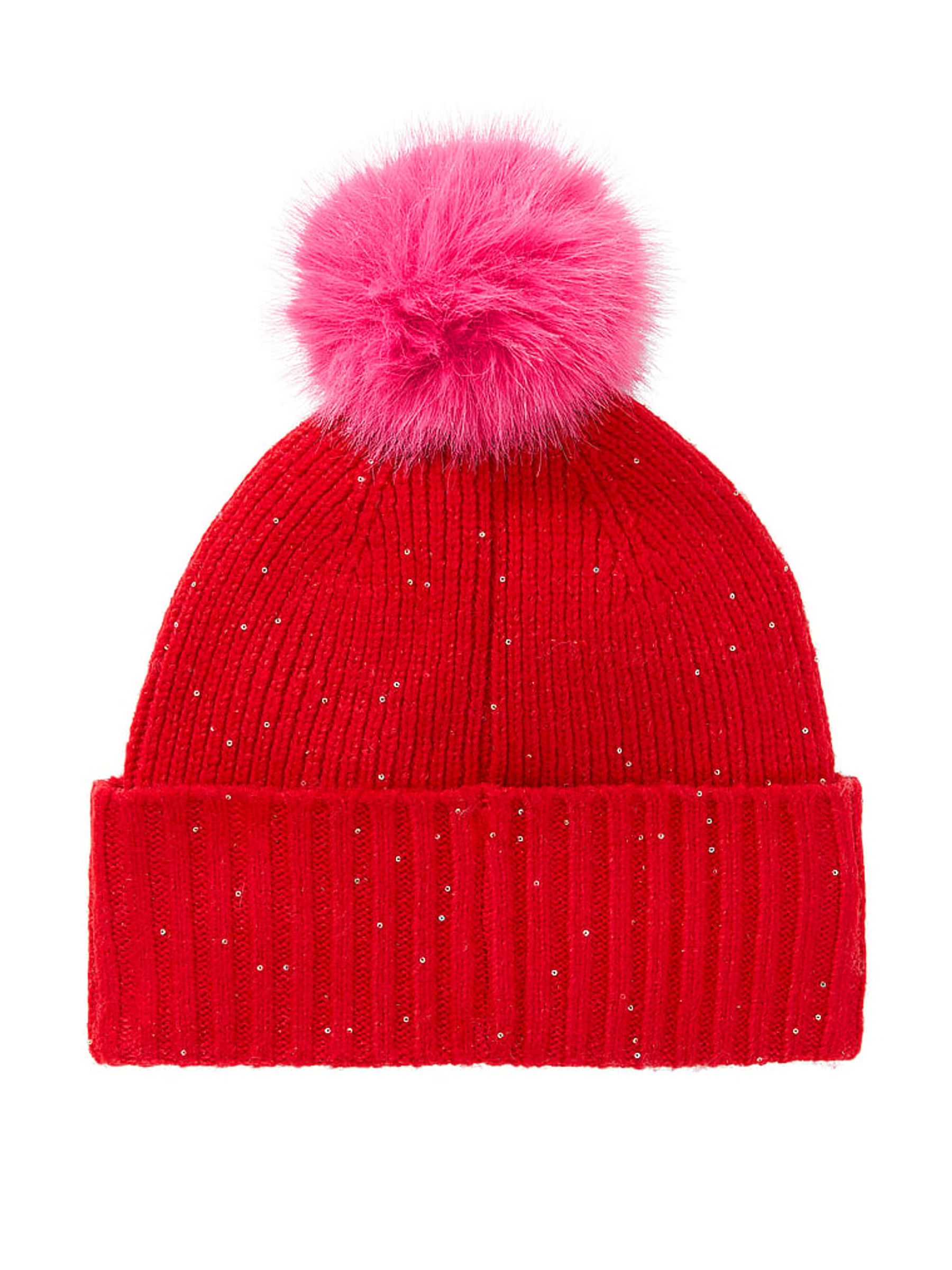 Bright Vermillion Red Sequin Pom Beanie - Image 3 of 3