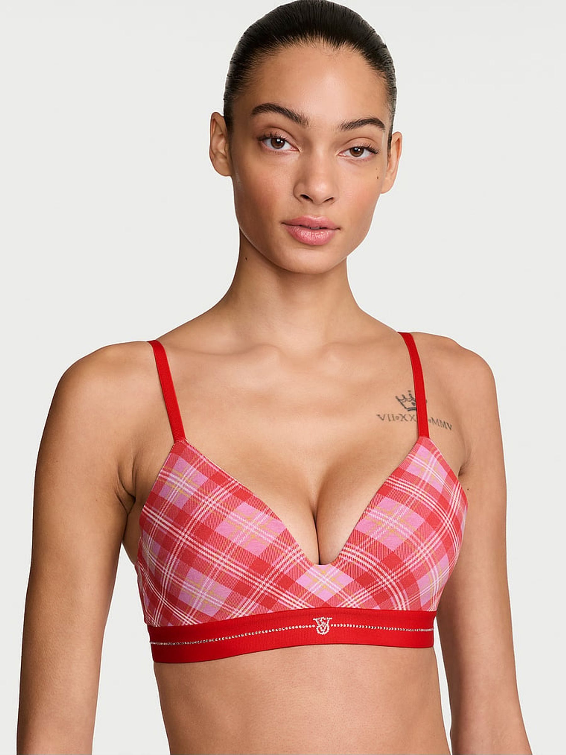 Red & Pink Tartan Lightly Lined Non Wired Shine Logo Cotton Bra - Image 2 of 3