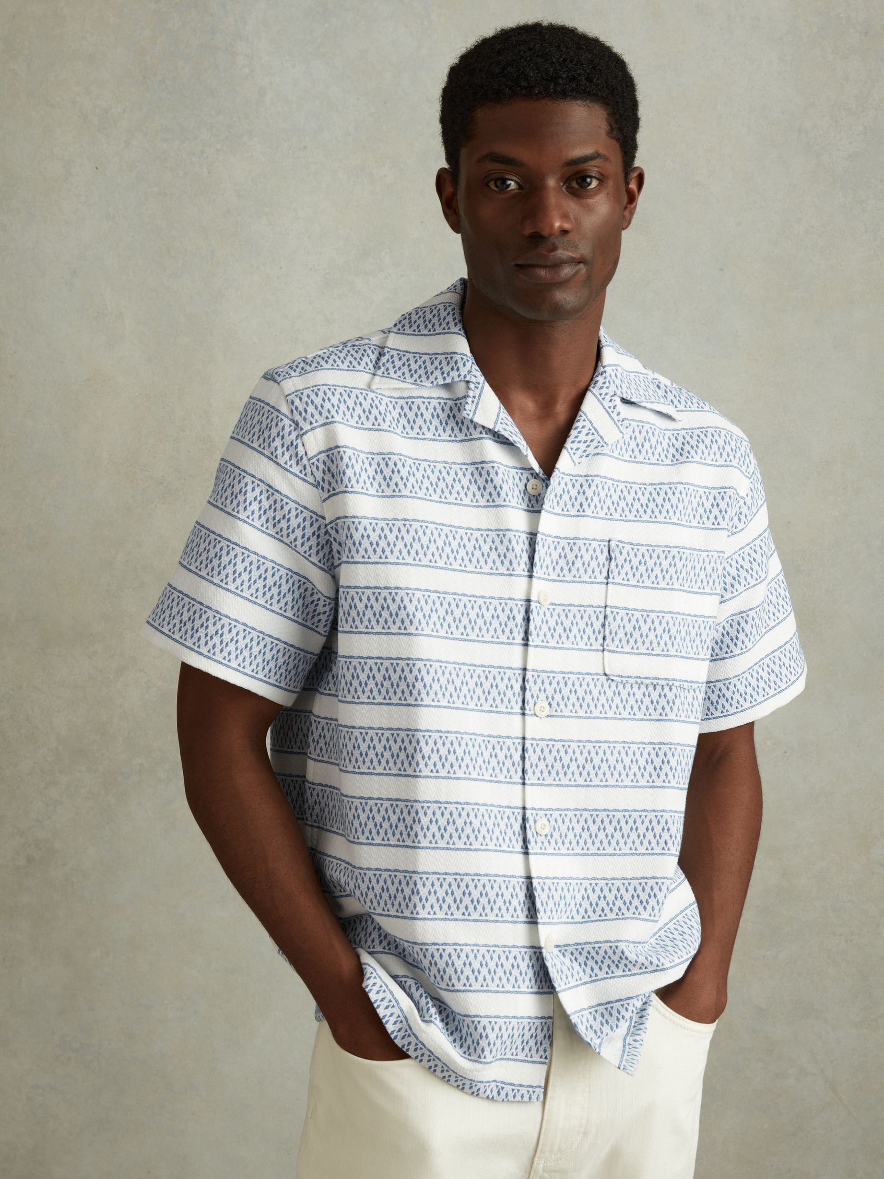 Herringbone Cuban Collar Shirt in White/Soft Blue - Image 1 of 6