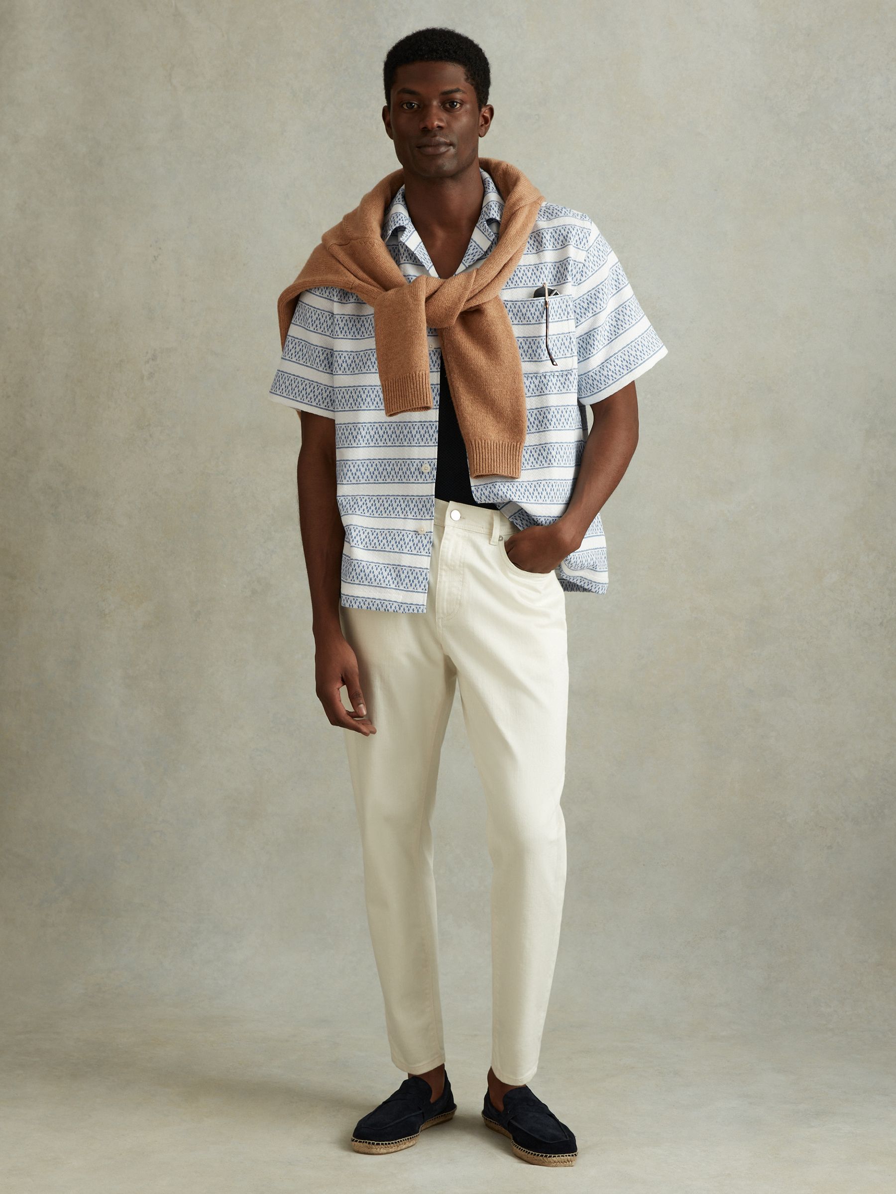 Herringbone Cuban Collar Shirt in White/Soft Blue - Image 3 of 6