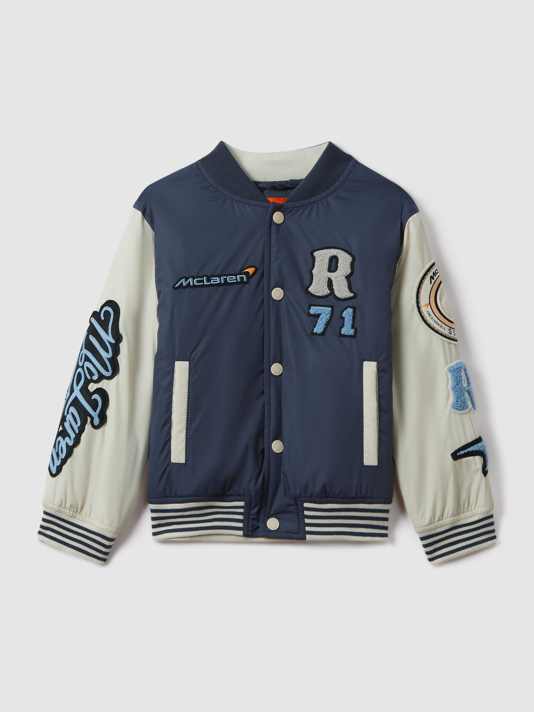 9-13 yrs McLaren F1 Patch Varsity Bomber Jacket in Airforce Blue/Ecru - Image 2 of 12