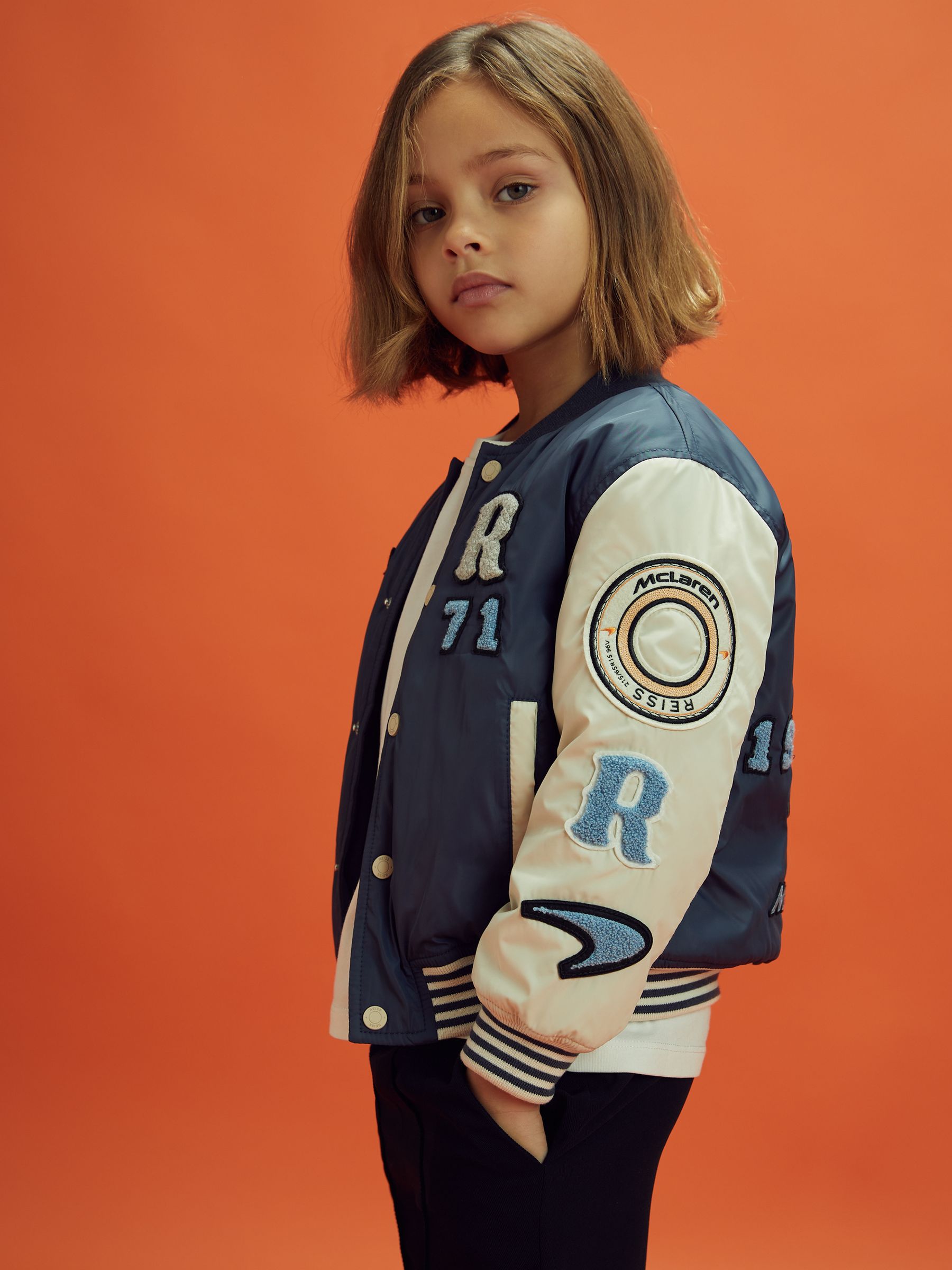 9-13 yrs McLaren F1 Patch Varsity Bomber Jacket in Airforce Blue/Ecru - Image 4 of 12