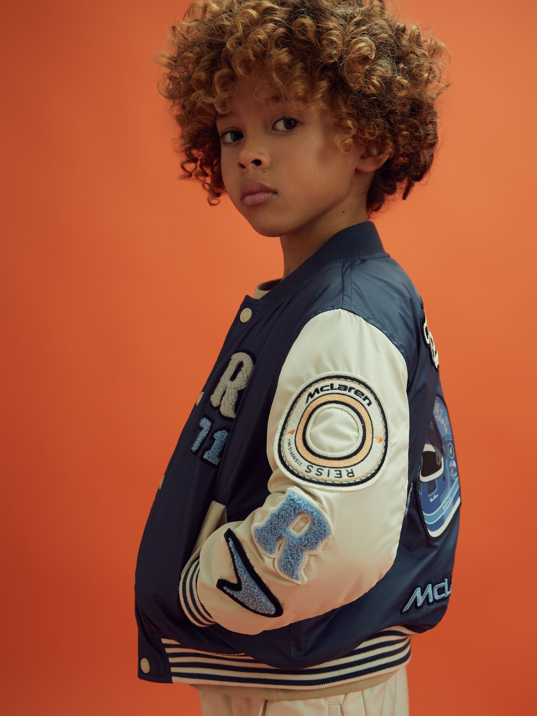 9-13 yrs McLaren F1 Patch Varsity Bomber Jacket in Airforce Blue/Ecru - Image 5 of 12