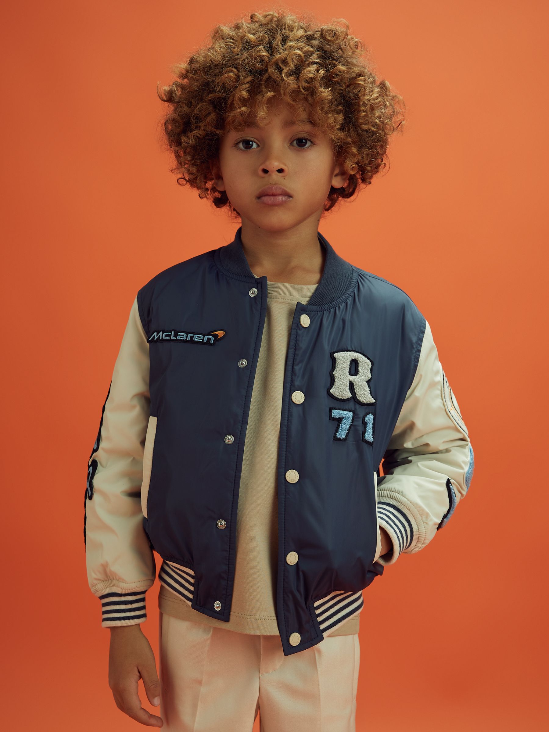 9-13 yrs McLaren F1 Patch Varsity Bomber Jacket in Airforce Blue/Ecru - Image 7 of 12