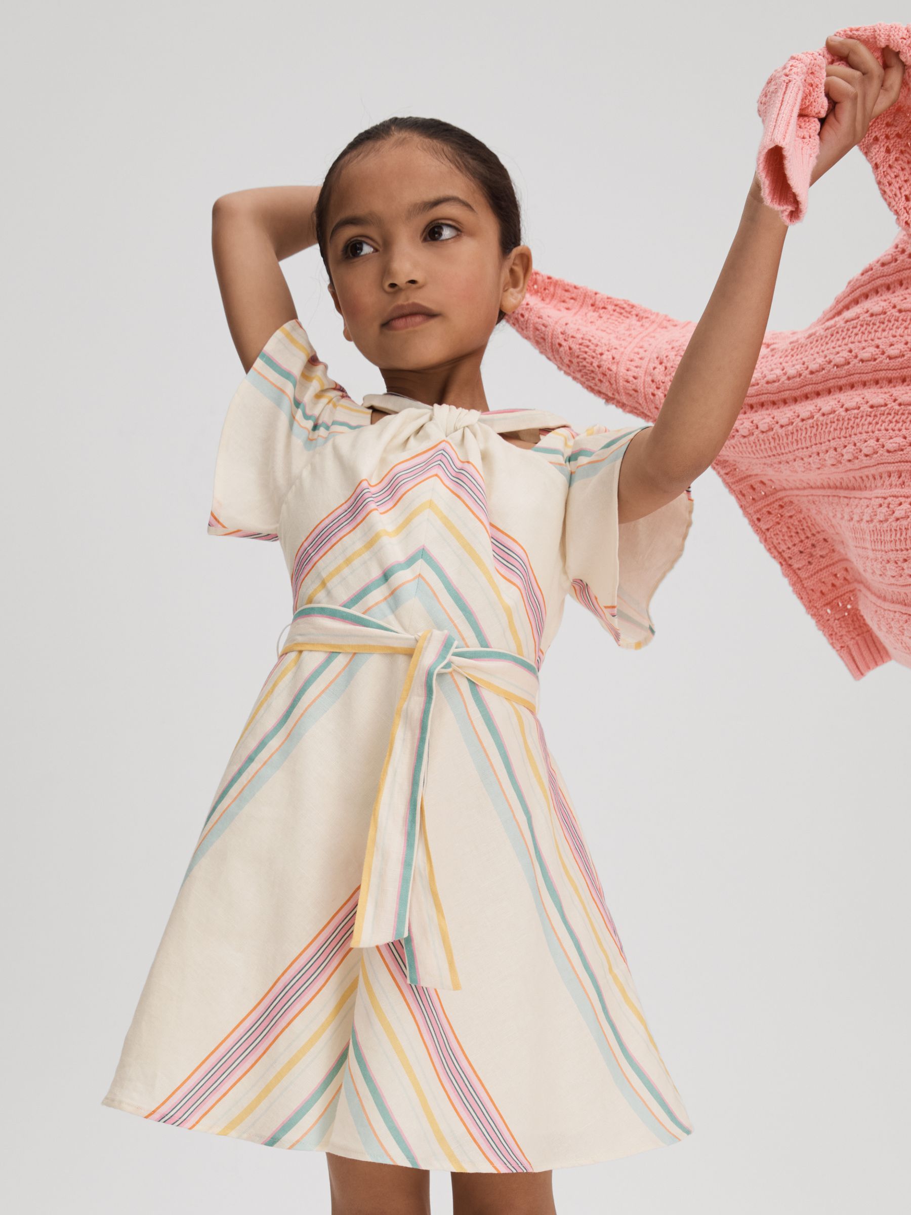 13-14 yrs Linen Cotton Knot Detail Dress in Ivory - Image 3 of 4