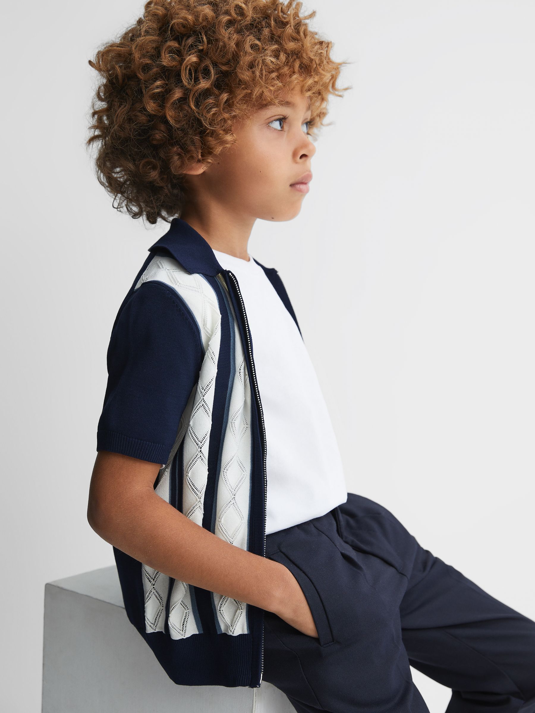 13-14 yrs Colourblock Zip-Through Shirt in Navy/White - Image 3 of 6