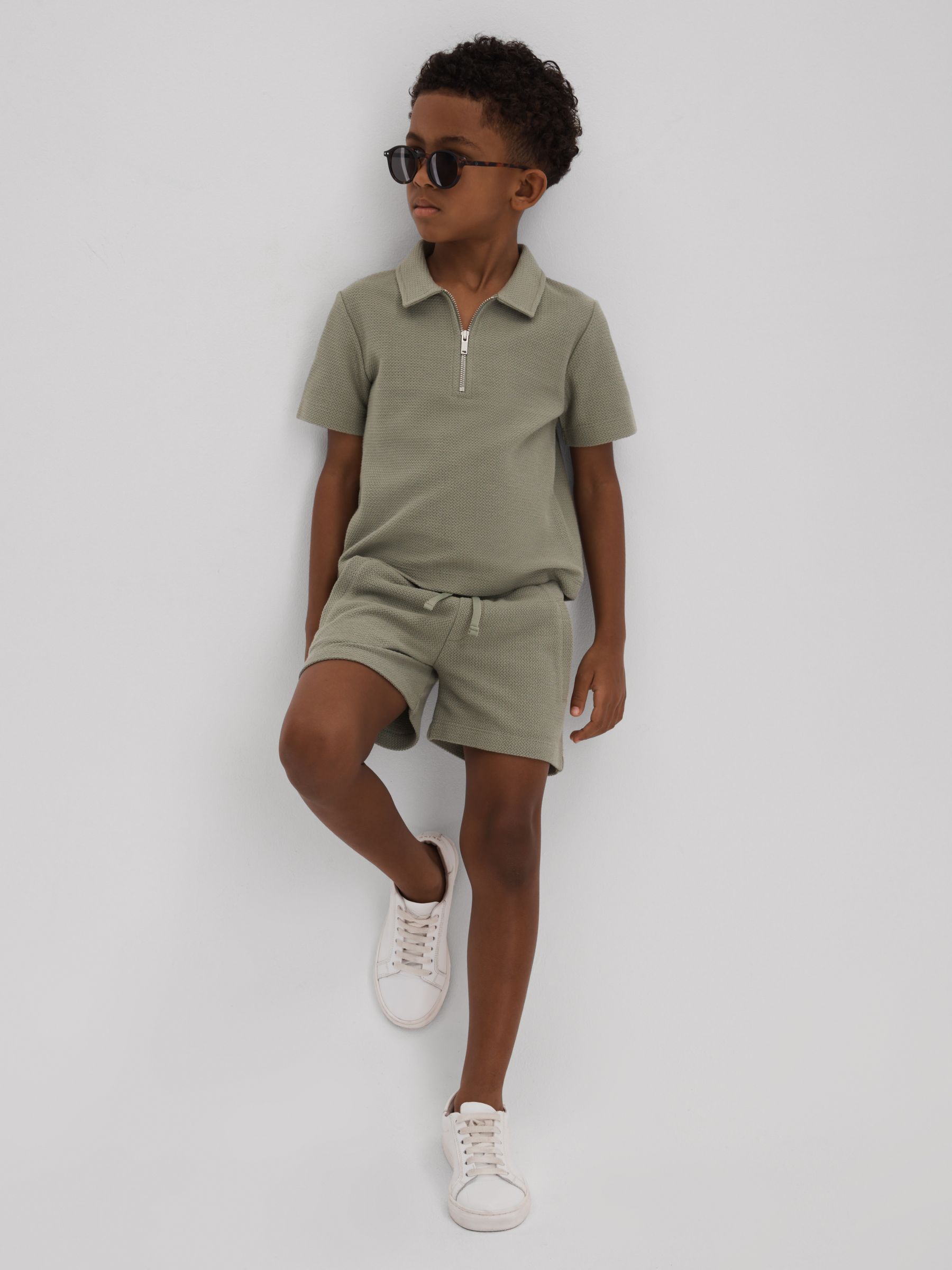 Teen Textured Cotton Half-Zip Polo Shirt in Pistachio - Image 2 of 4