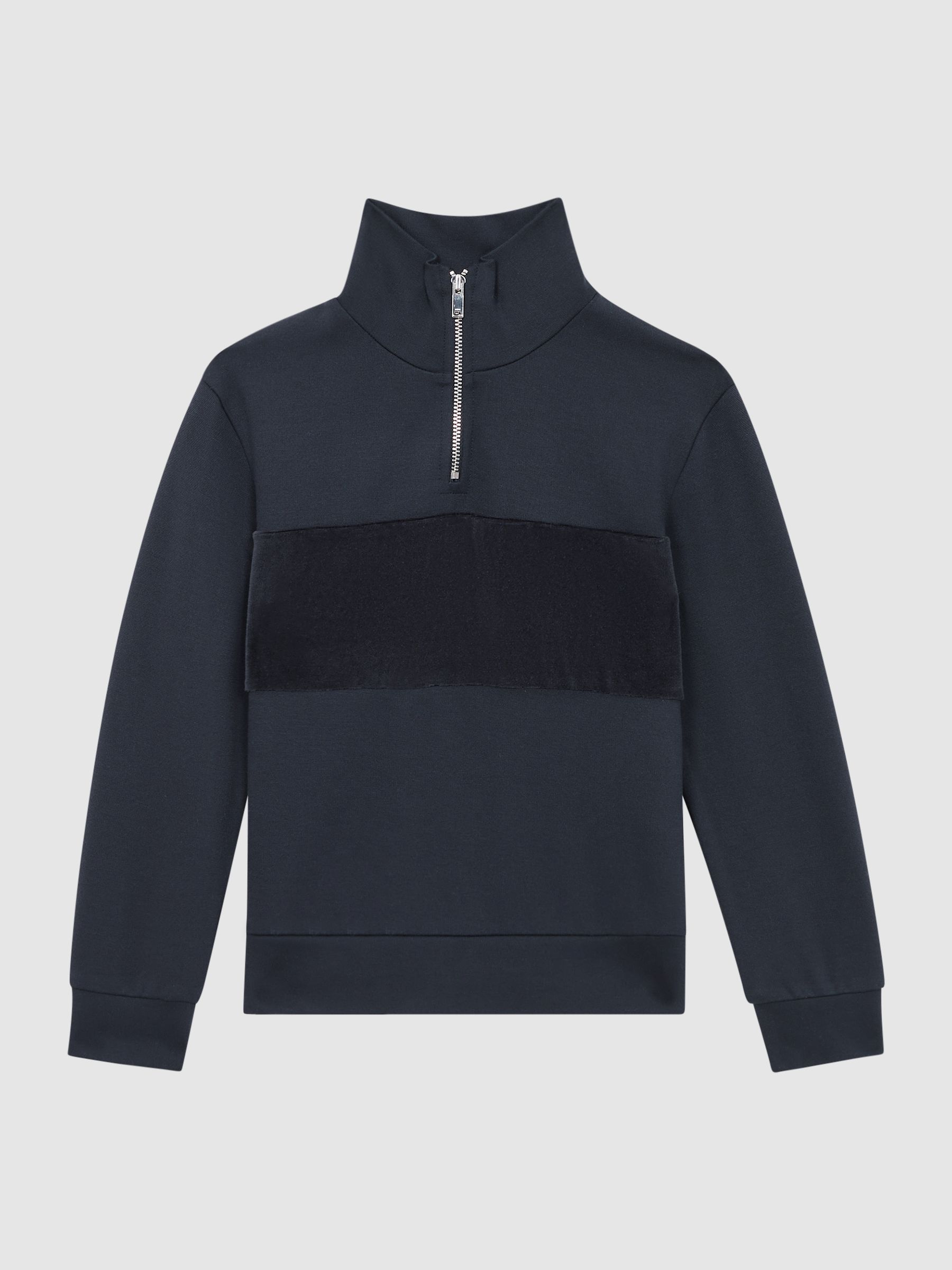 13-14 yrs Slim Fit Half-Zip Funnel Neck Velour Sweatshirt in Navy - Image 1 of 6