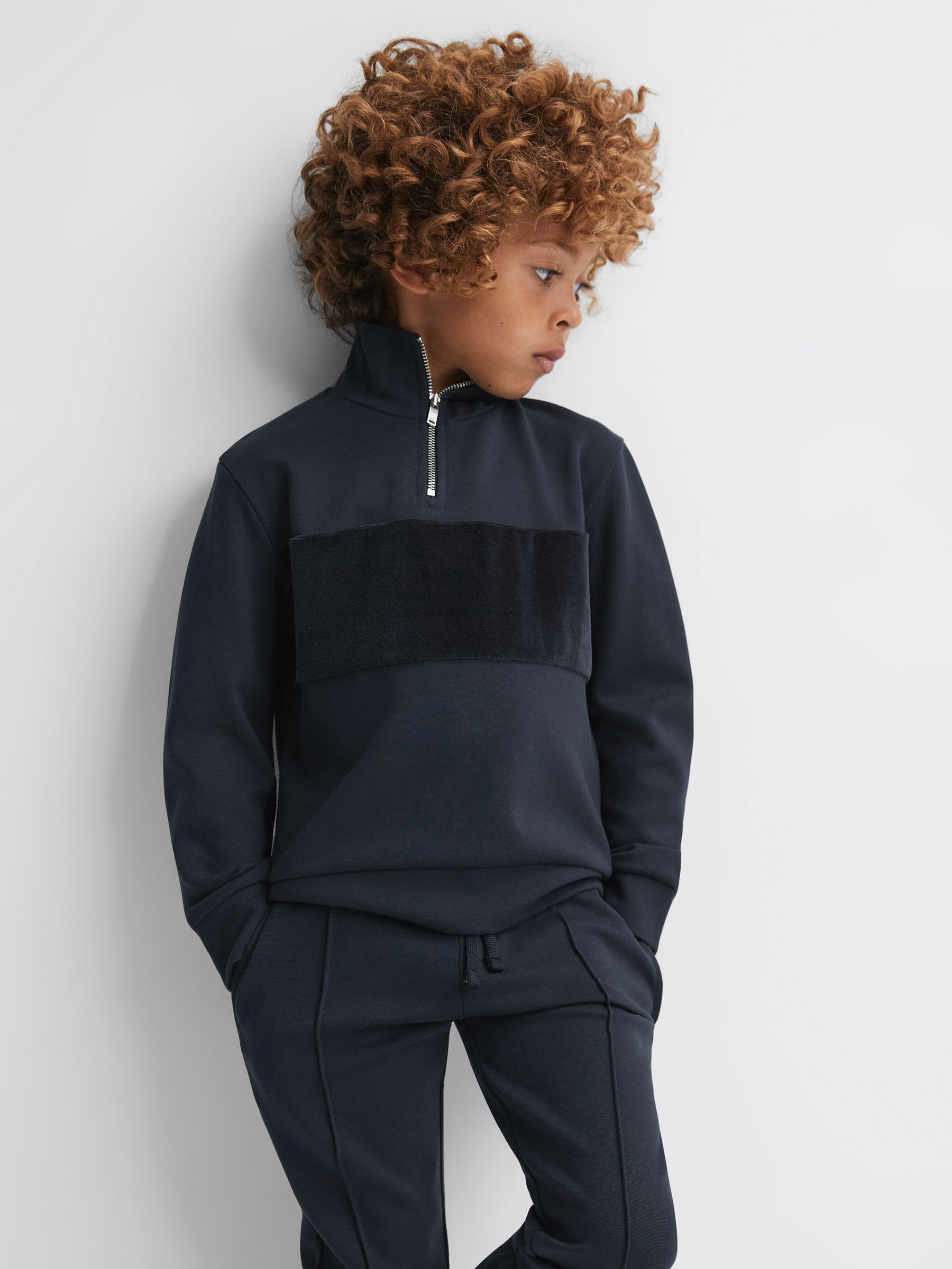 13-14 yrs Slim Fit Half-Zip Funnel Neck Velour Sweatshirt in Navy - Image 2 of 6