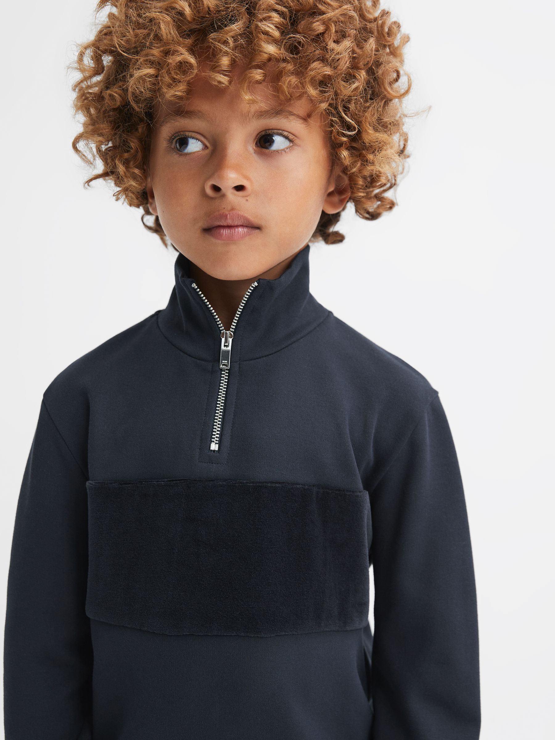 13-14 yrs Slim Fit Half-Zip Funnel Neck Velour Sweatshirt in Navy - Image 4 of 6