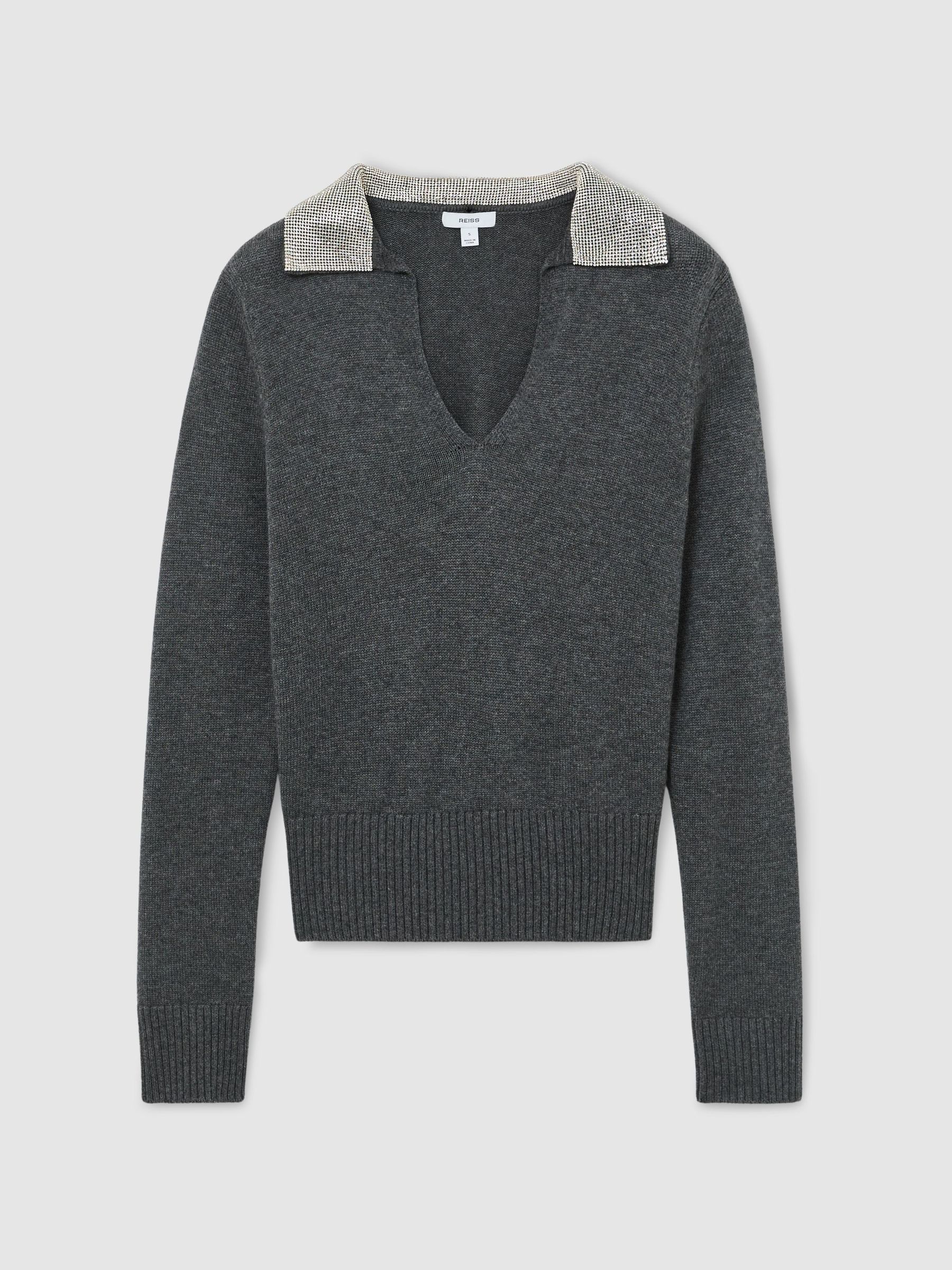 Grå Jumper i ullblandning med kristallkrage och v-ringning - Bild 2 av 6 Grå Jumper i ullblandning med kristallkrage och v-ringning - Bild 2 av 6
