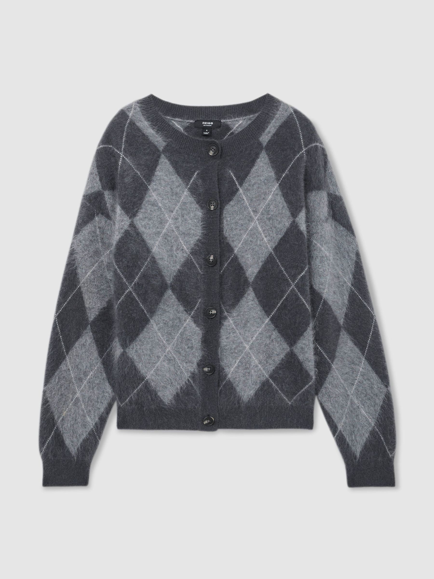 100% Brushed Cashmere Argyle Cardigan in Grey - Billede 2 af 10