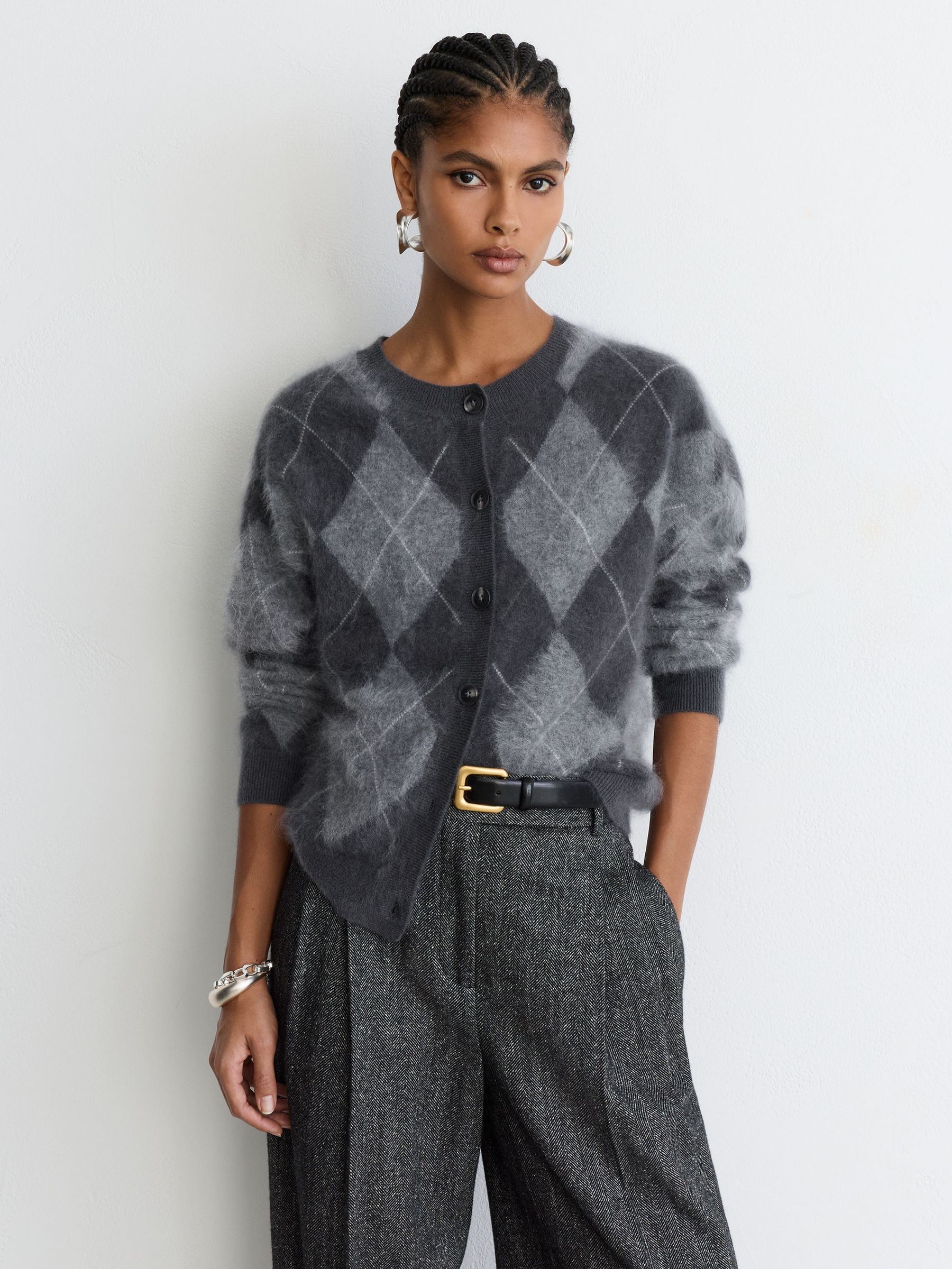 100% Brushed Cashmere Argyle Cardigan in Grey - Billede 4 af 10