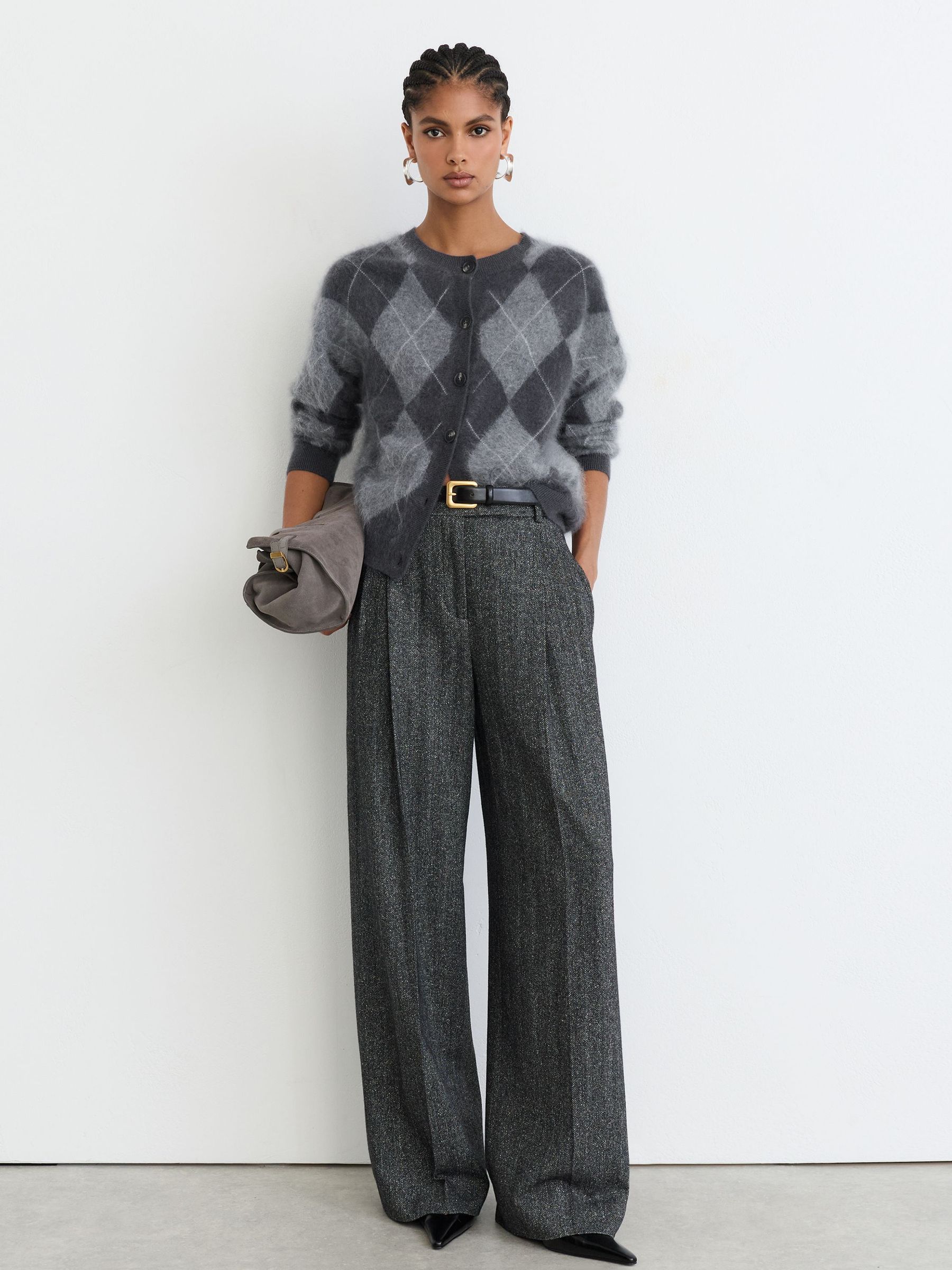 100% Brushed Cashmere Argyle Cardigan in Grey - Billede 5 af 10