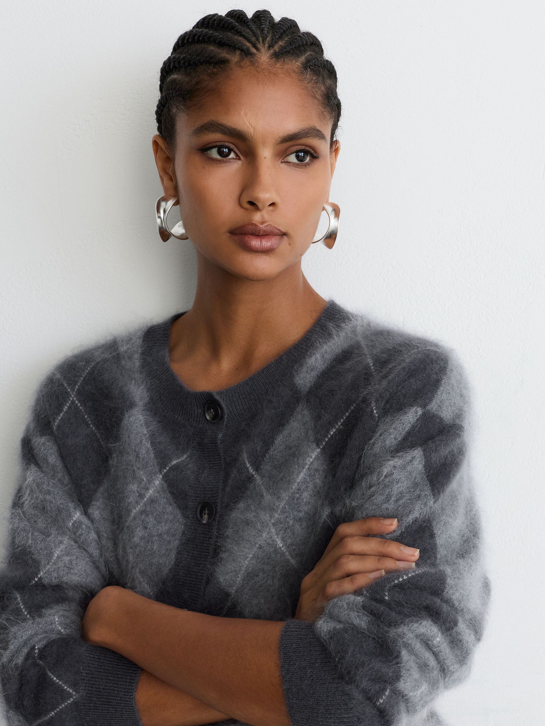 100% Brushed Cashmere Argyle Cardigan in Grey - Billede 6 af 10