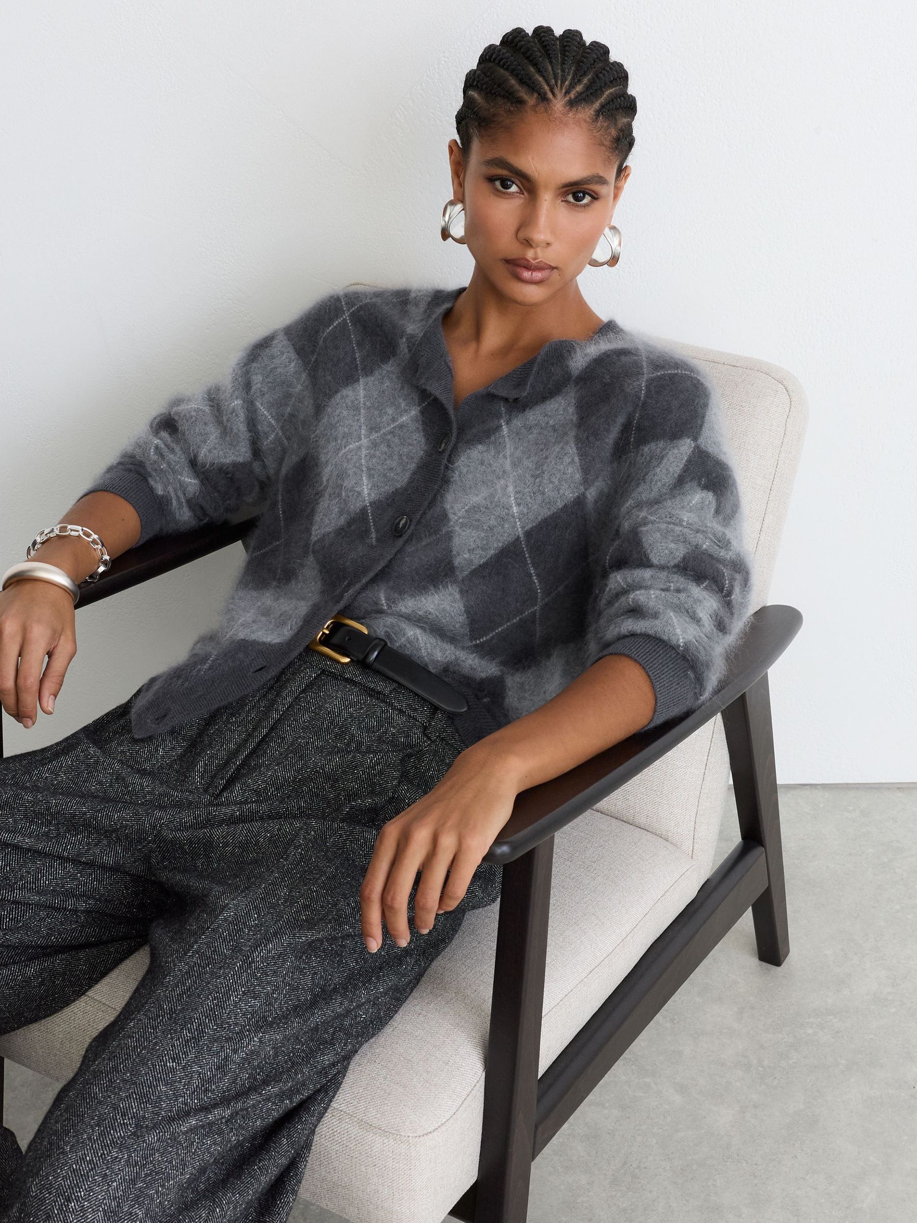 100% Brushed Cashmere Argyle Cardigan in Grey - Billede 8 af 10