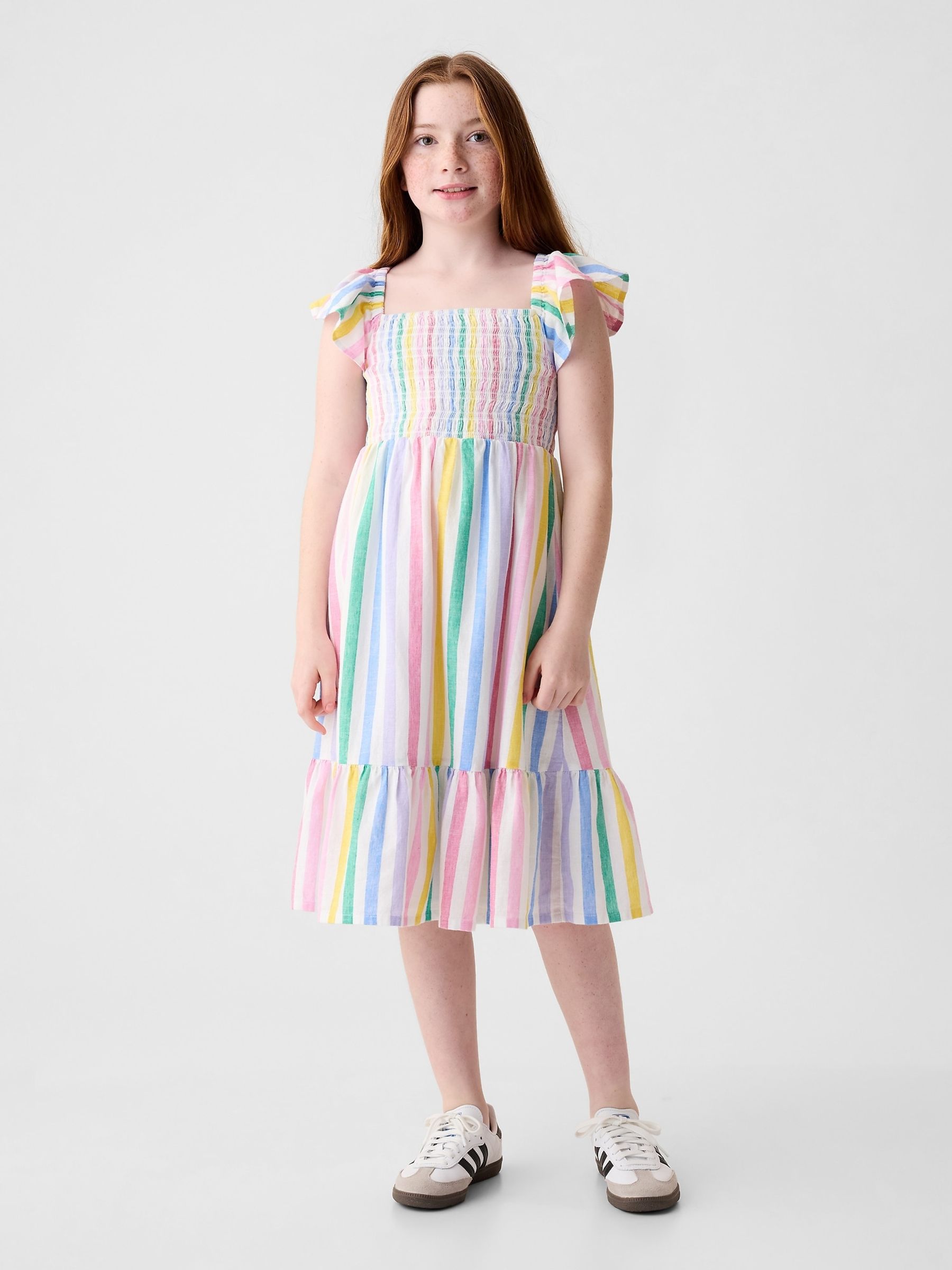 White Rainbow Stripe Flutter Sleeve Smock Midi Dress (4-13yrs) - Image 1 of 2