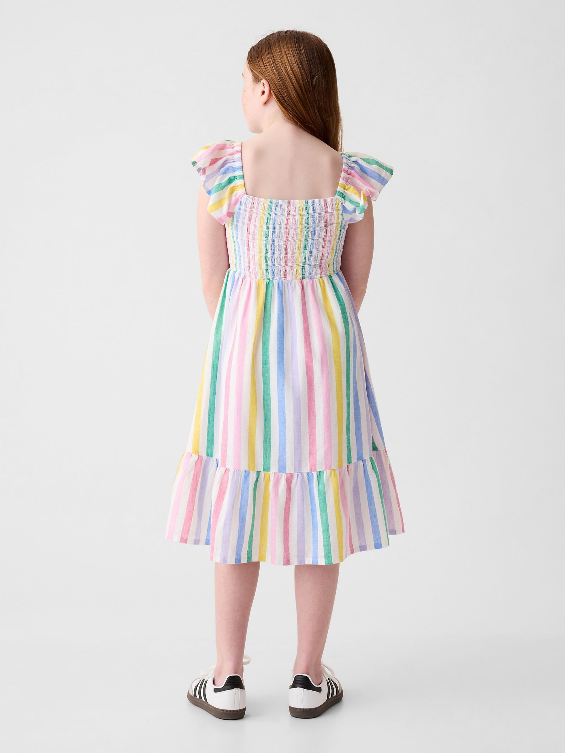 White Rainbow Stripe Flutter Sleeve Smock Midi Dress (4-13yrs) - Image 2 of 2