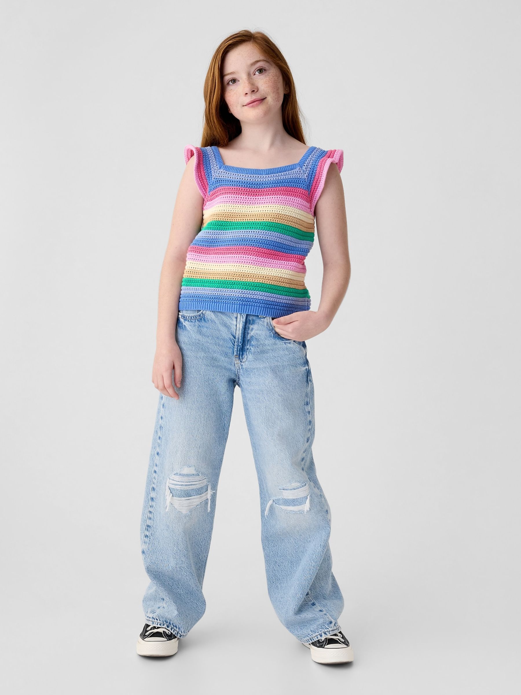 Pink Stripe Cotton Flutter Sleeve Square Neck Crochet Top (4-13yrs) - Image 1 of 1