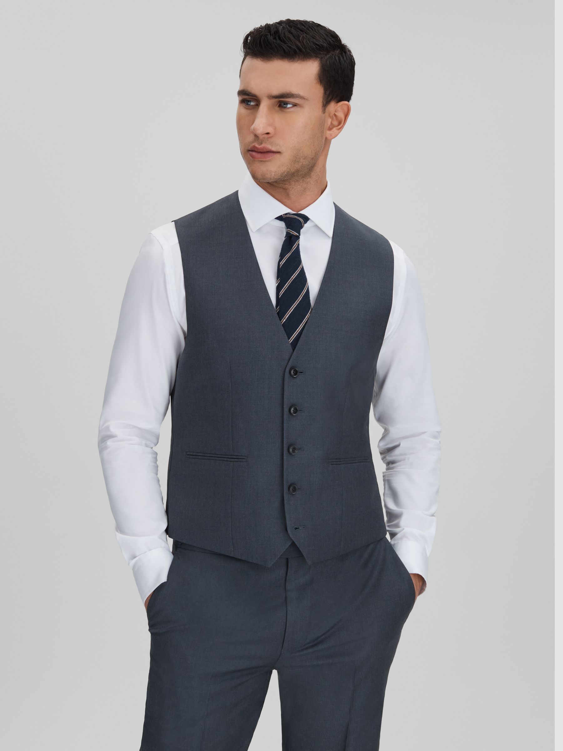 Slim Fit Single Breasted Wool Waistcoat in Airforce Blue - Image 1 of 6