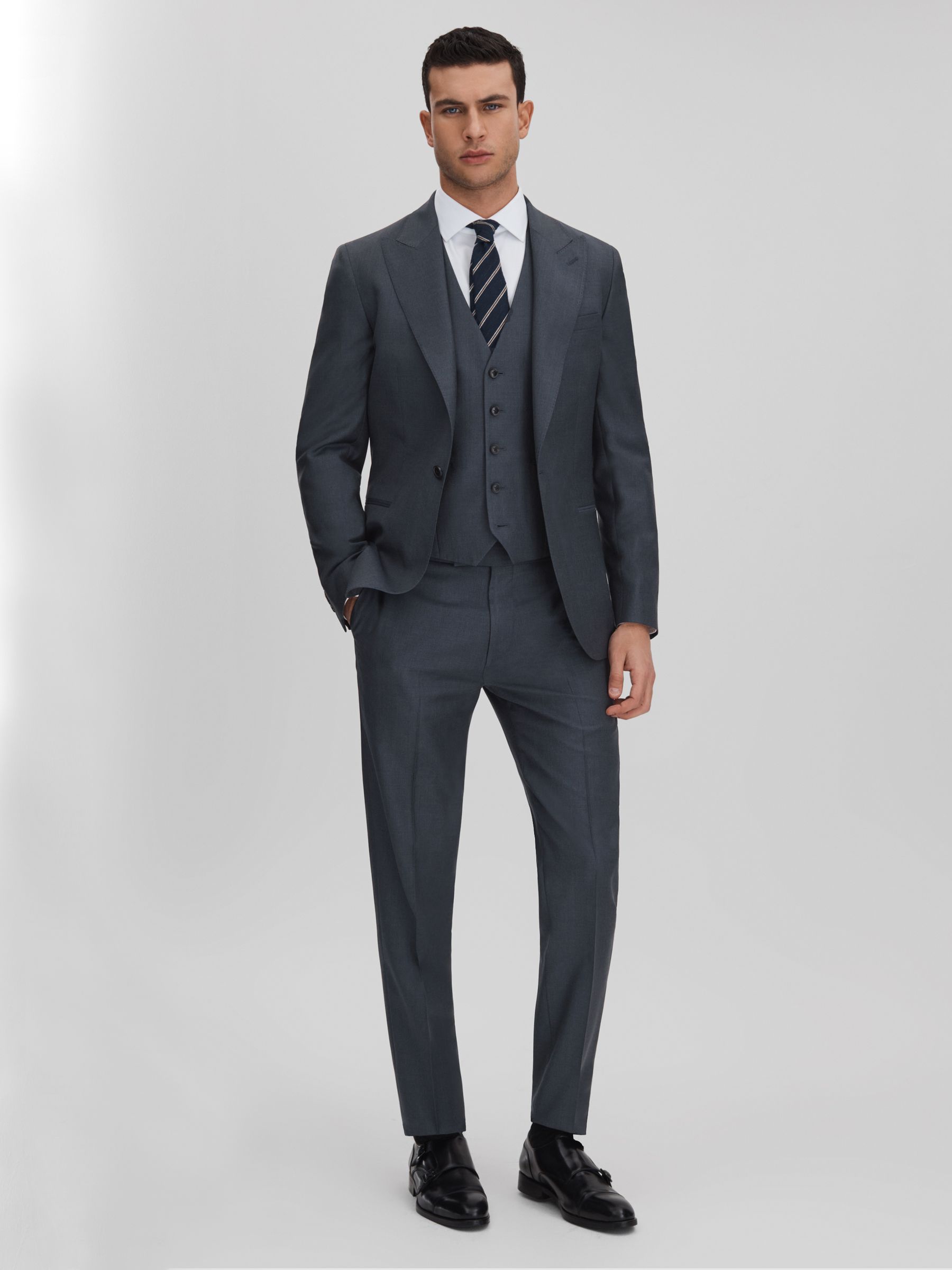 Slim Fit Single Breasted Wool Waistcoat in Airforce Blue - Image 3 of 6