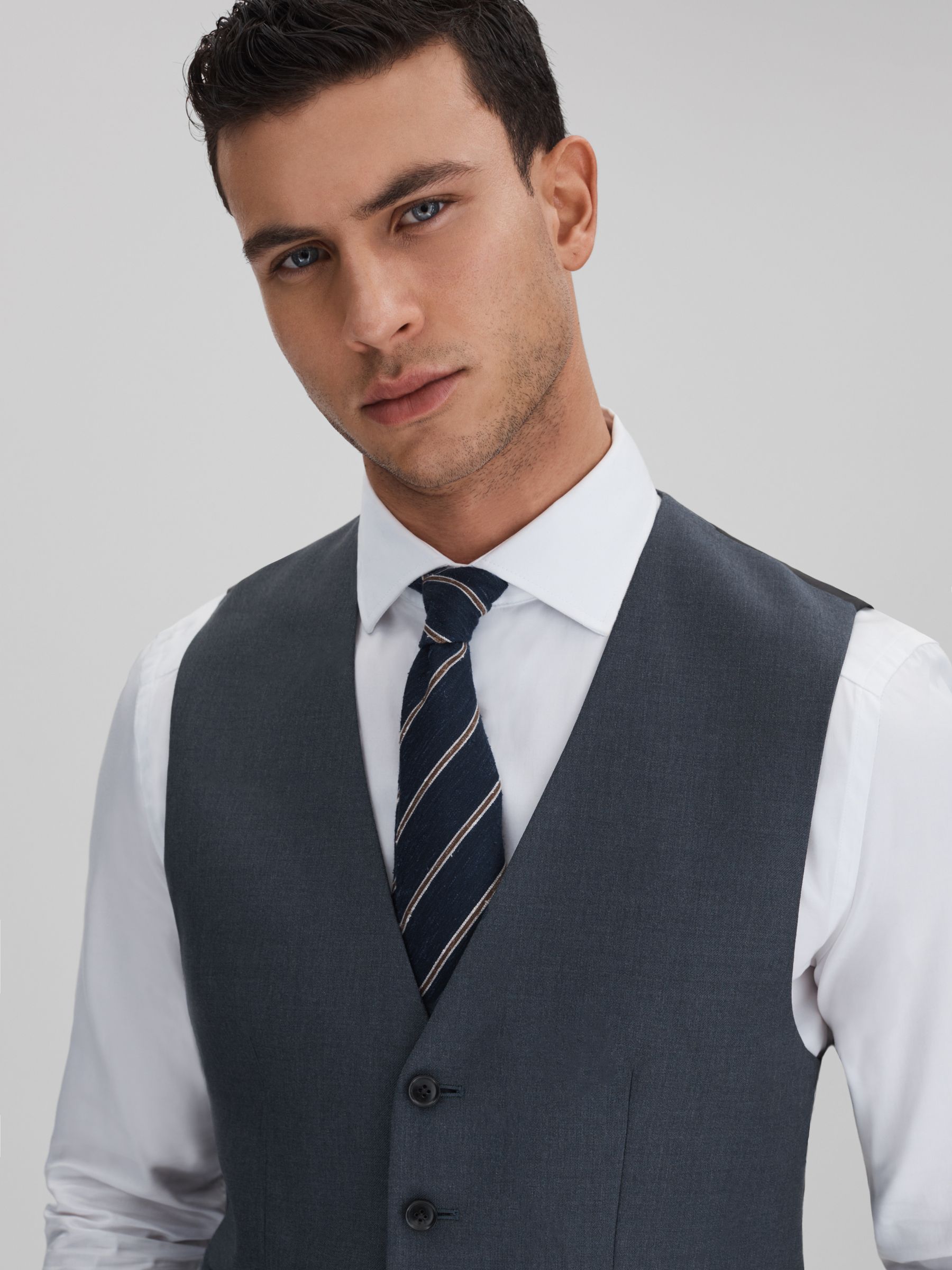 Slim Fit Single Breasted Wool Waistcoat in Airforce Blue - Image 4 of 6
