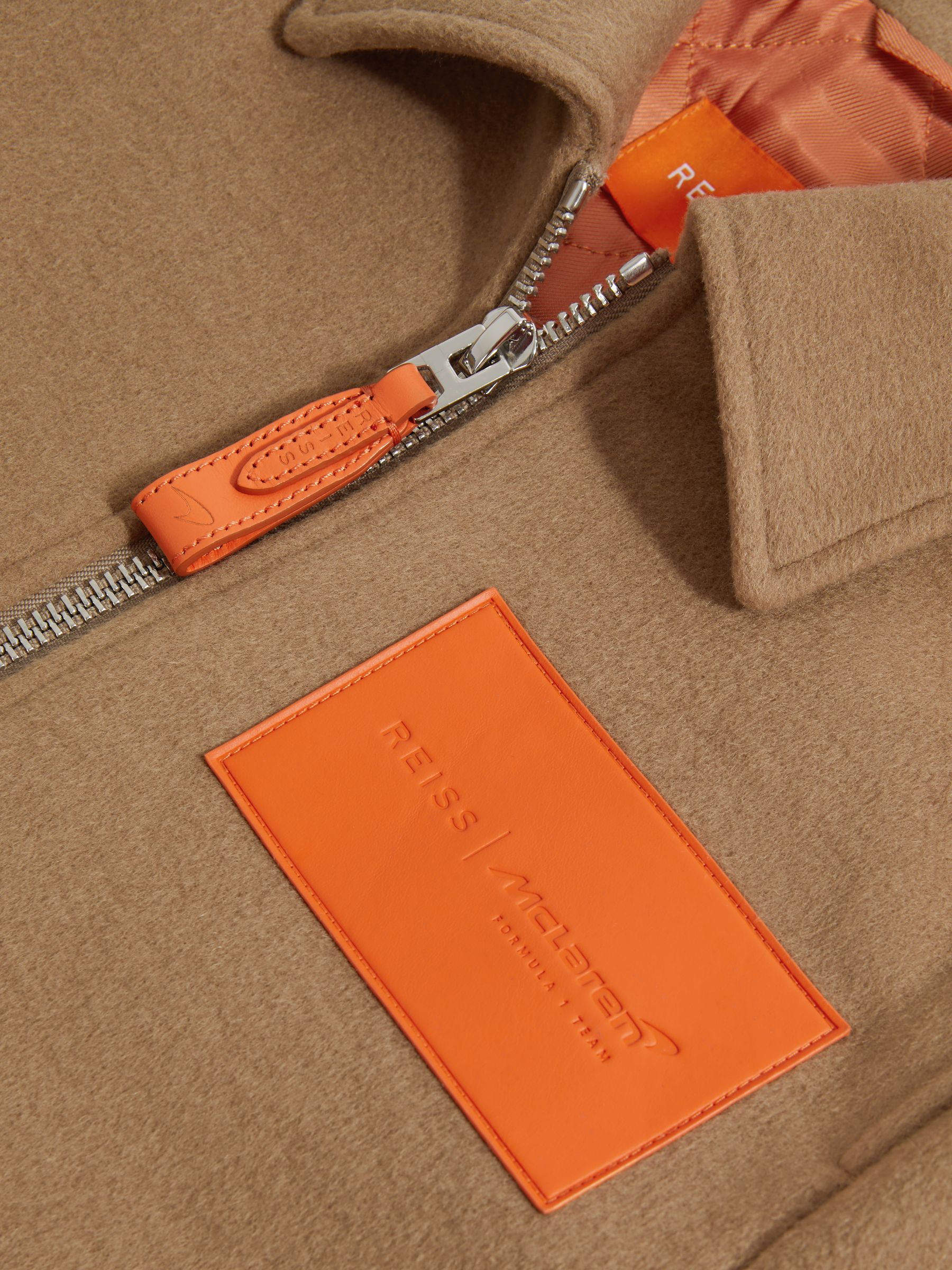 McLaren F1 Wool Blend Leather Patch Varsity Bomber Jacket in Camel - Image 10 of 12